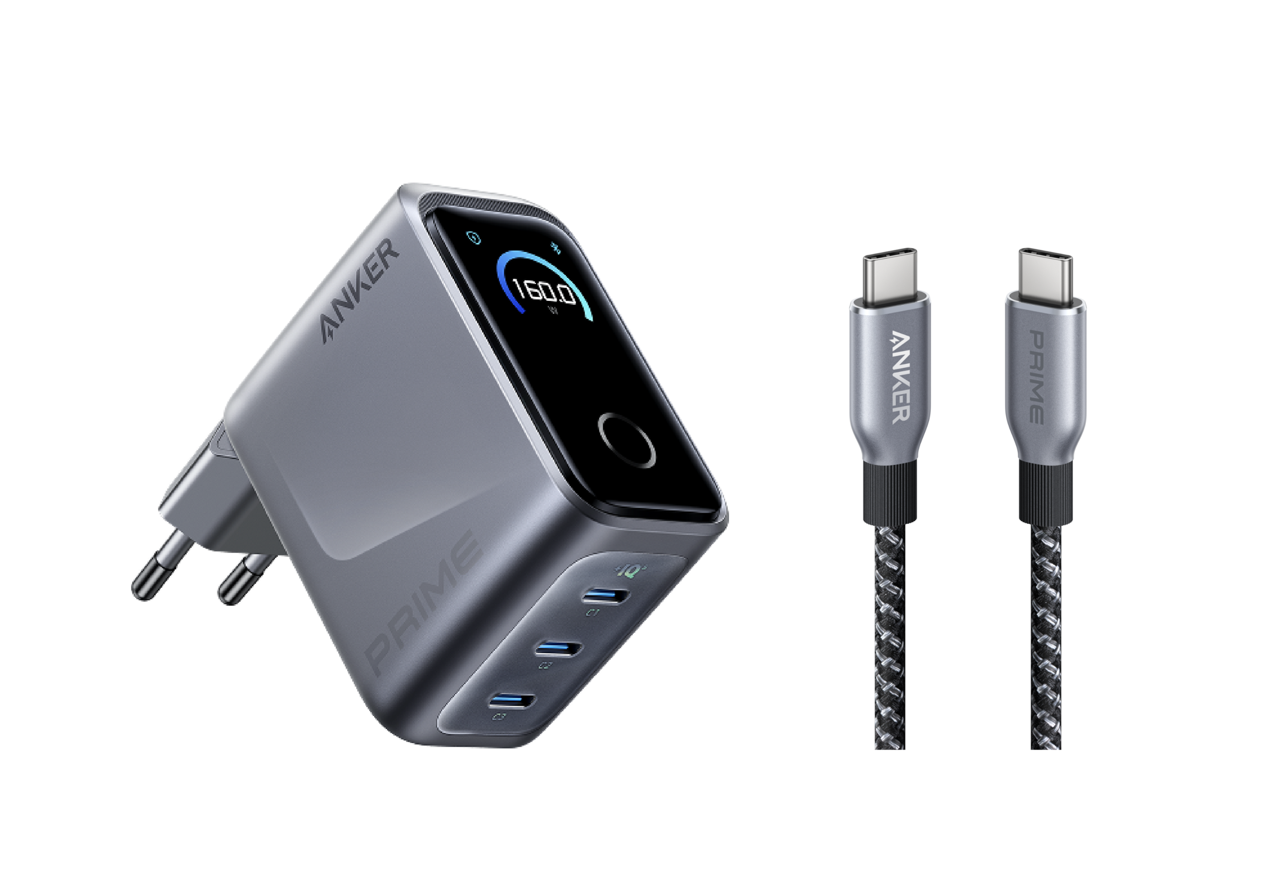 Anker Prime Ladeger?t (160W, 3 Ports, GaNPrime) + Prime USB-C auf USB-C Kabel (0,9m, 240W, Upcycled-Flechtdesign)