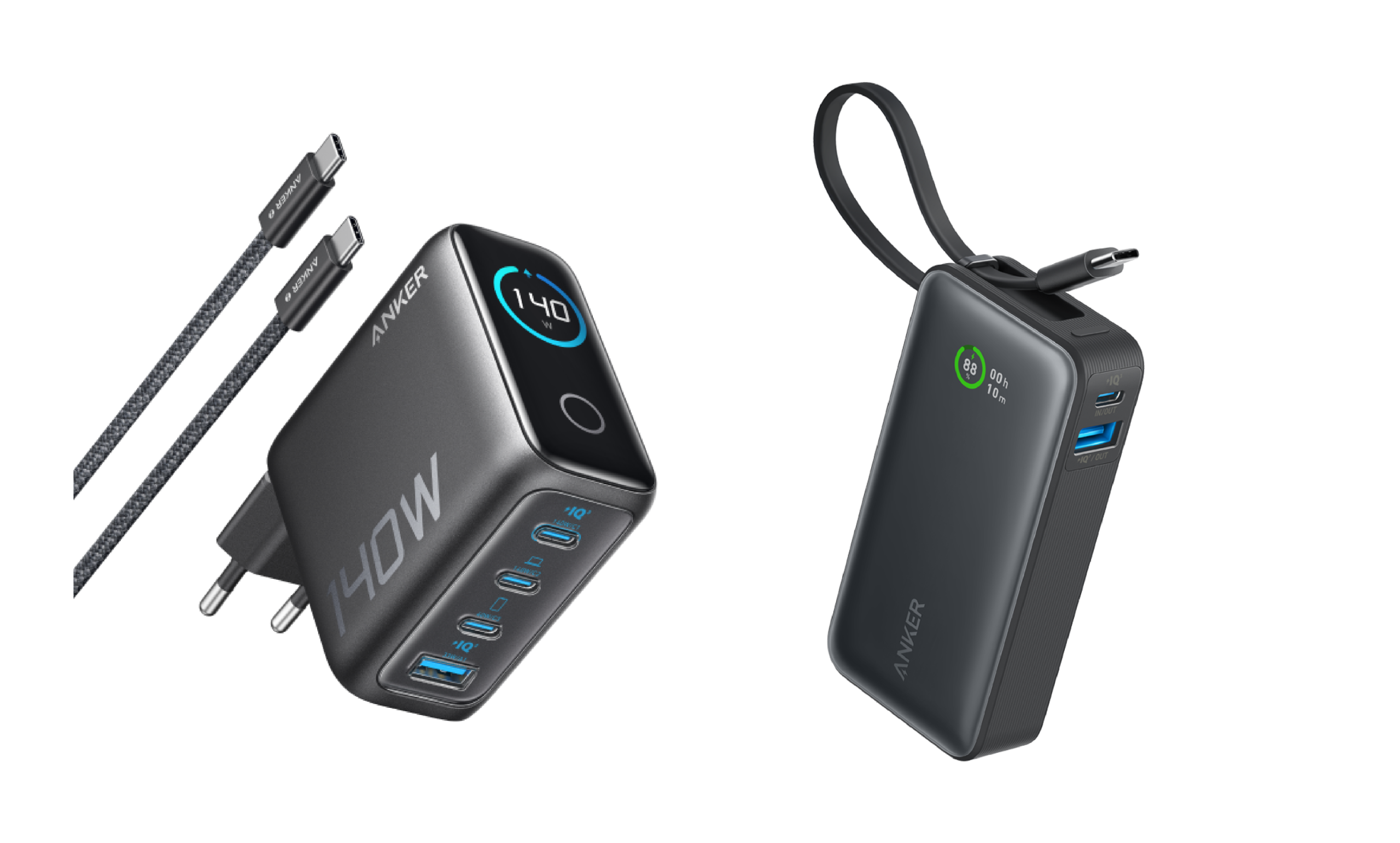 Anker Chargeur (140 W, 4 ports, PD 3.1) avec cable USB-C + Nano PowerBank (30 W, cable USB-C int??gr??)