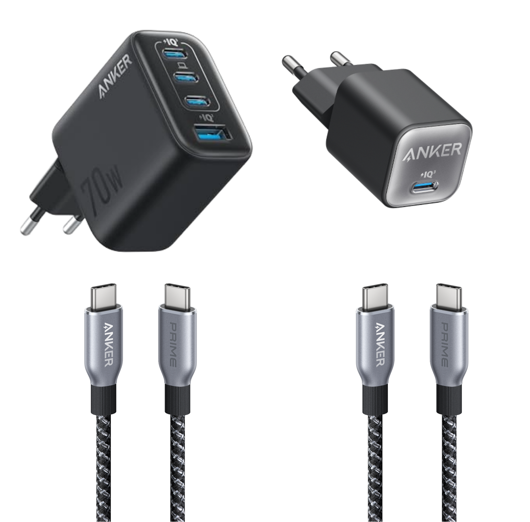 Anker Zolo Ladeger?t (70W, 4 Ports) + 511 Ladeger?t (Nano 3, 30W) + Prime USB-C auf USB-C Kabel Doppelpack (0,9m, 240W, Upcycled-Flechtdesign)