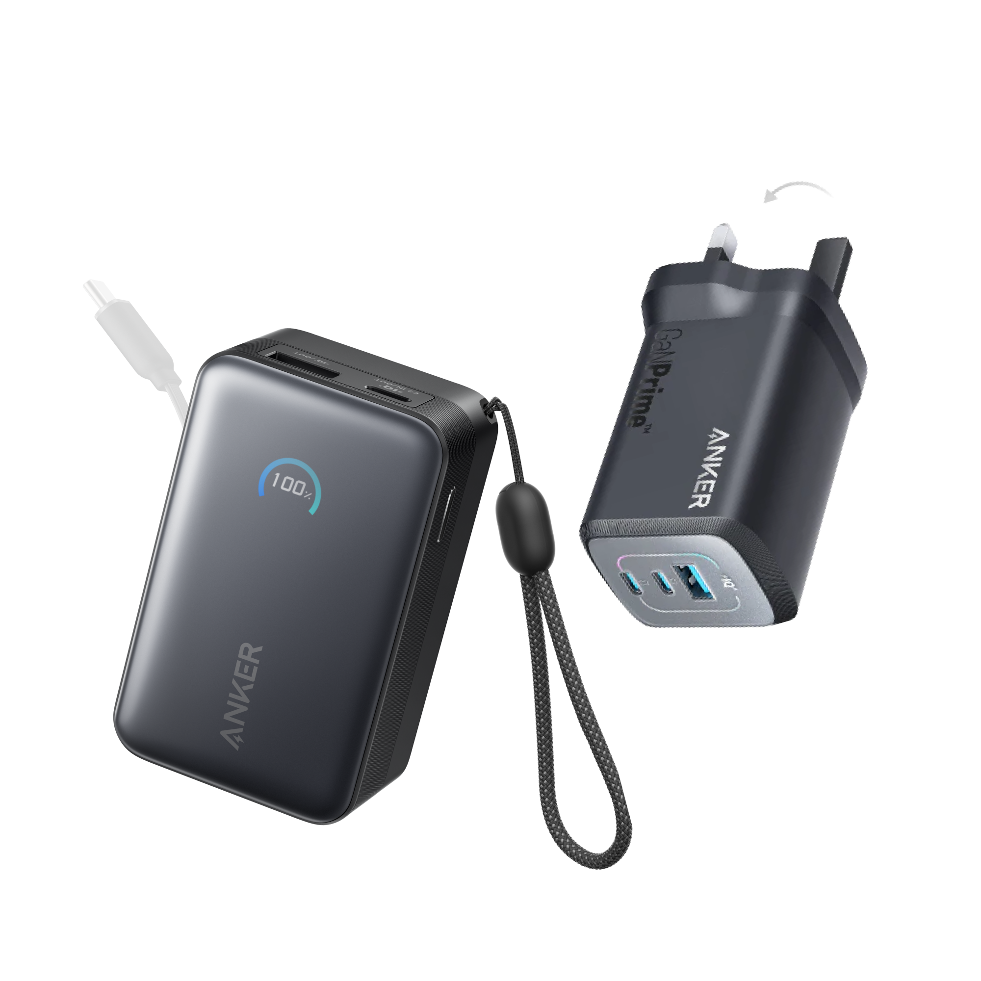 Anker Nano Power Bank (10K, 45W, Built-In Retractable USB-C Cable) + Prime 100W GaN Charger (3 Ports)