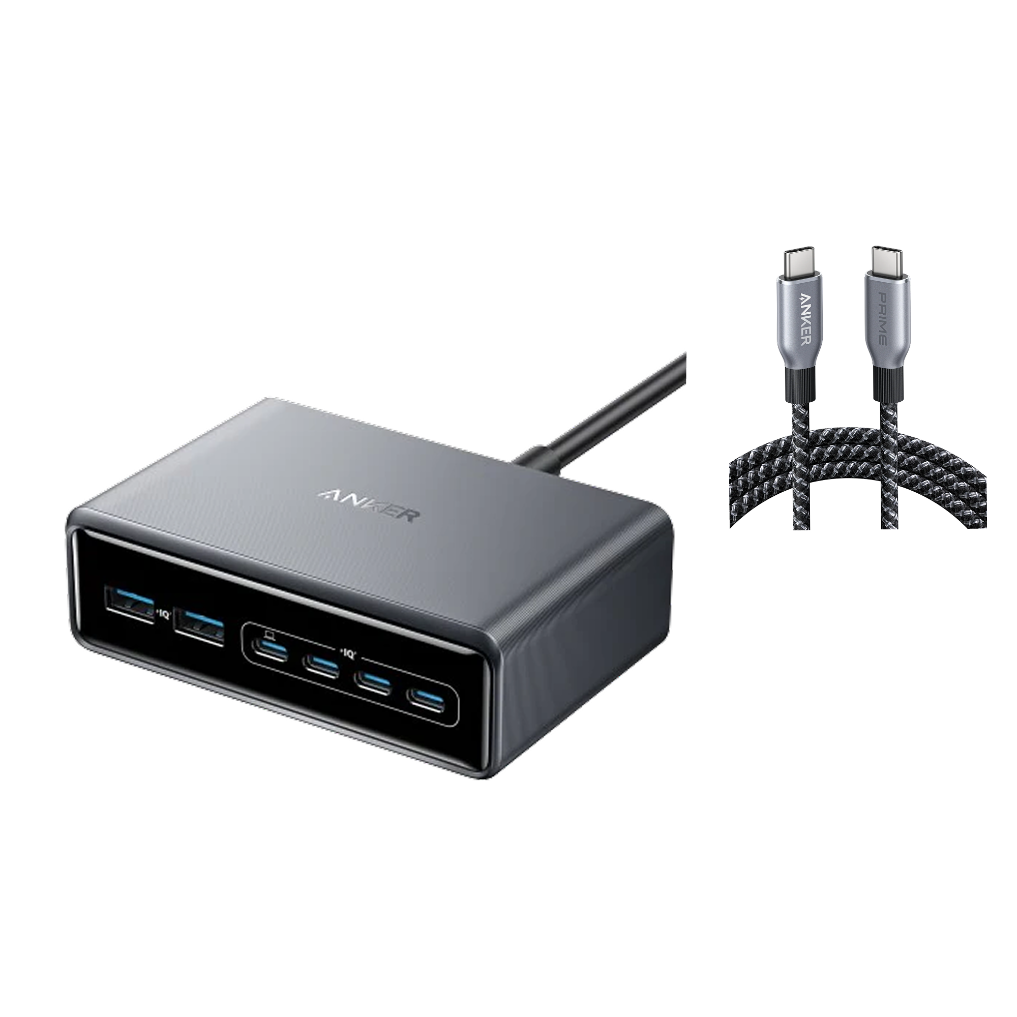 Anker Prime Charger (200W, 6 Ports, GaN)+ Prime USB-C to USB-C Cable (240W, Upcycled-Braided)