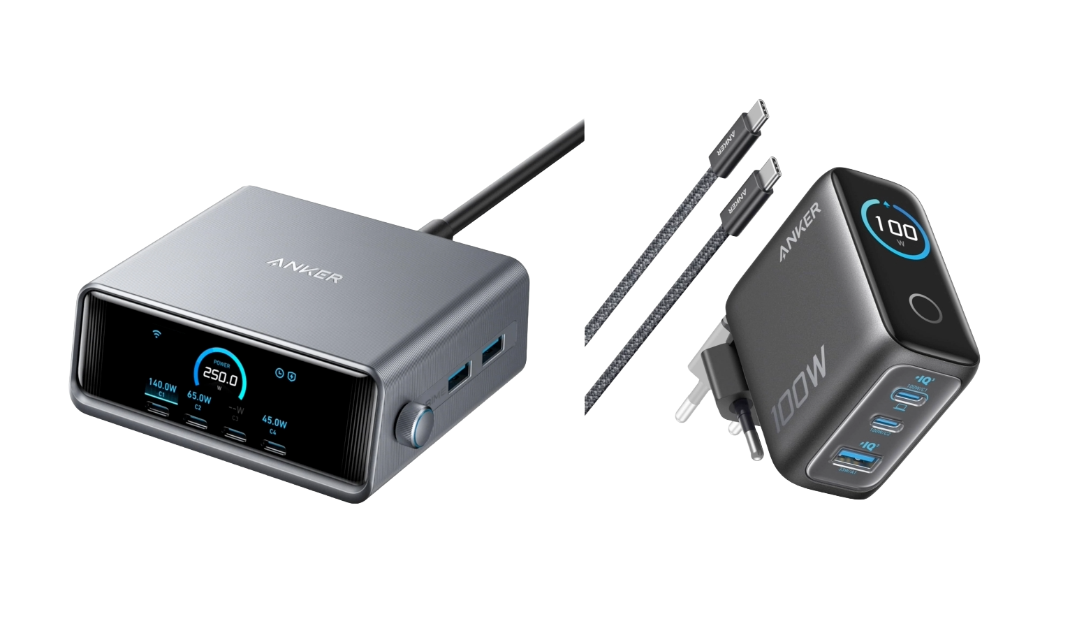 Anker Prime Ladeger?t (250W, 6 Ports, GaNPrime) + Ladeger?t (100W, 3 Ports, Smart Display) mit USB-C Kabel