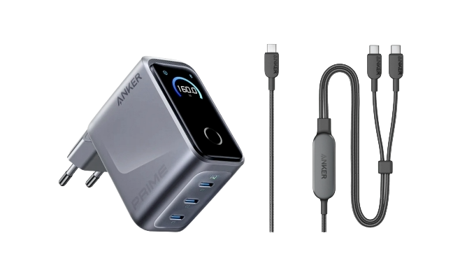 Anker Prime Ladeger?t (160W, 3 Ports, GaNPrime) + 2-in-1 USB-C auf USB-C Kabel (120cm, 140W, Flecht-Design)