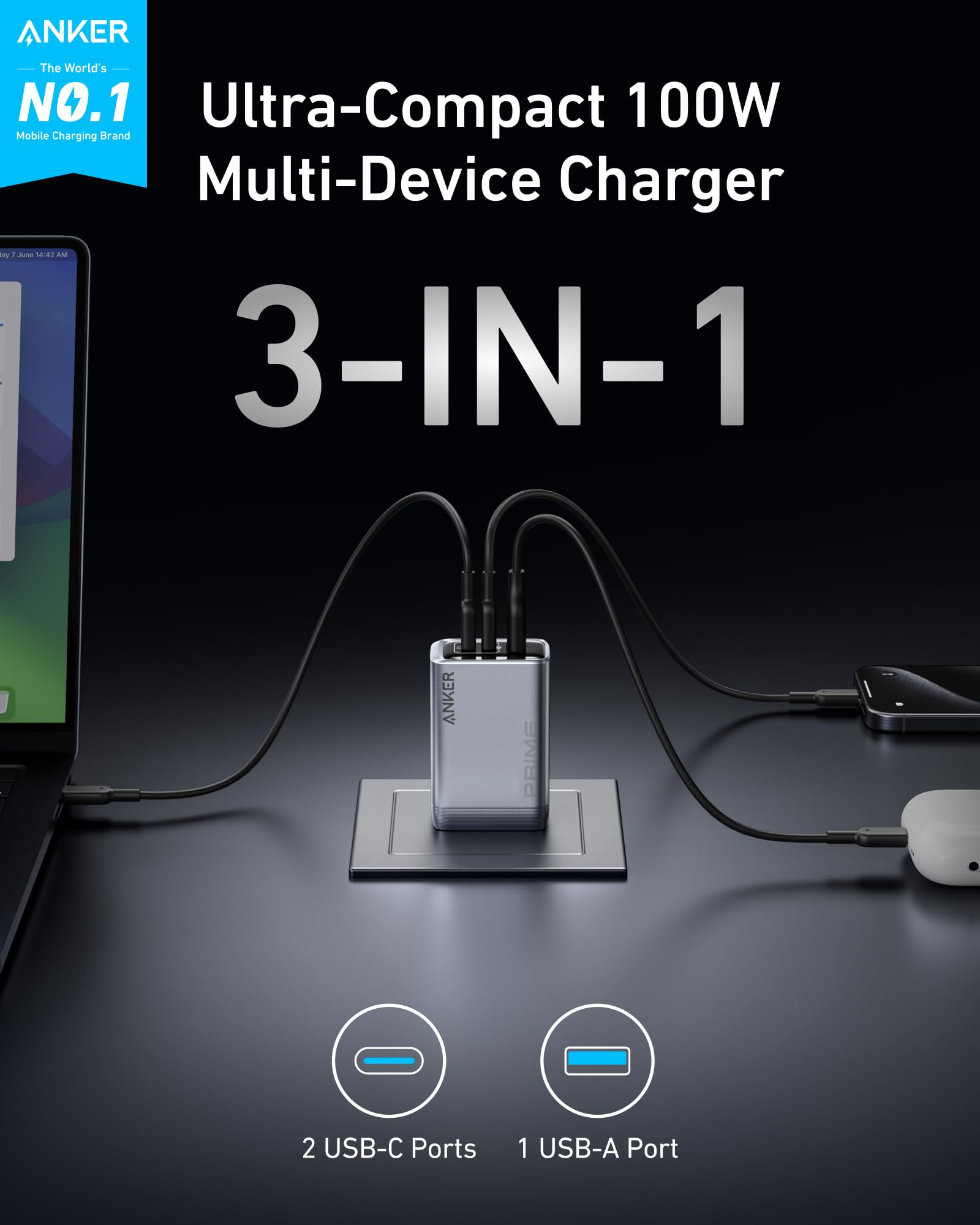 Anker Prime Charger (100W, 3 Ports, GaN) and USB-C to USB-C Cable (240W, 6 ft) - Image 2