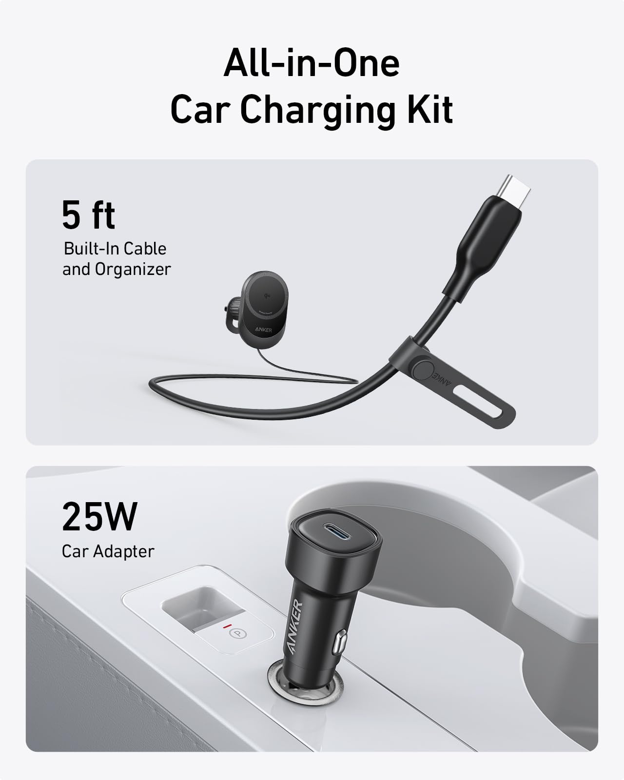 Anker MagGo Wireless Car Charger (Pad, Built-In USB-C Cable) - Image 4