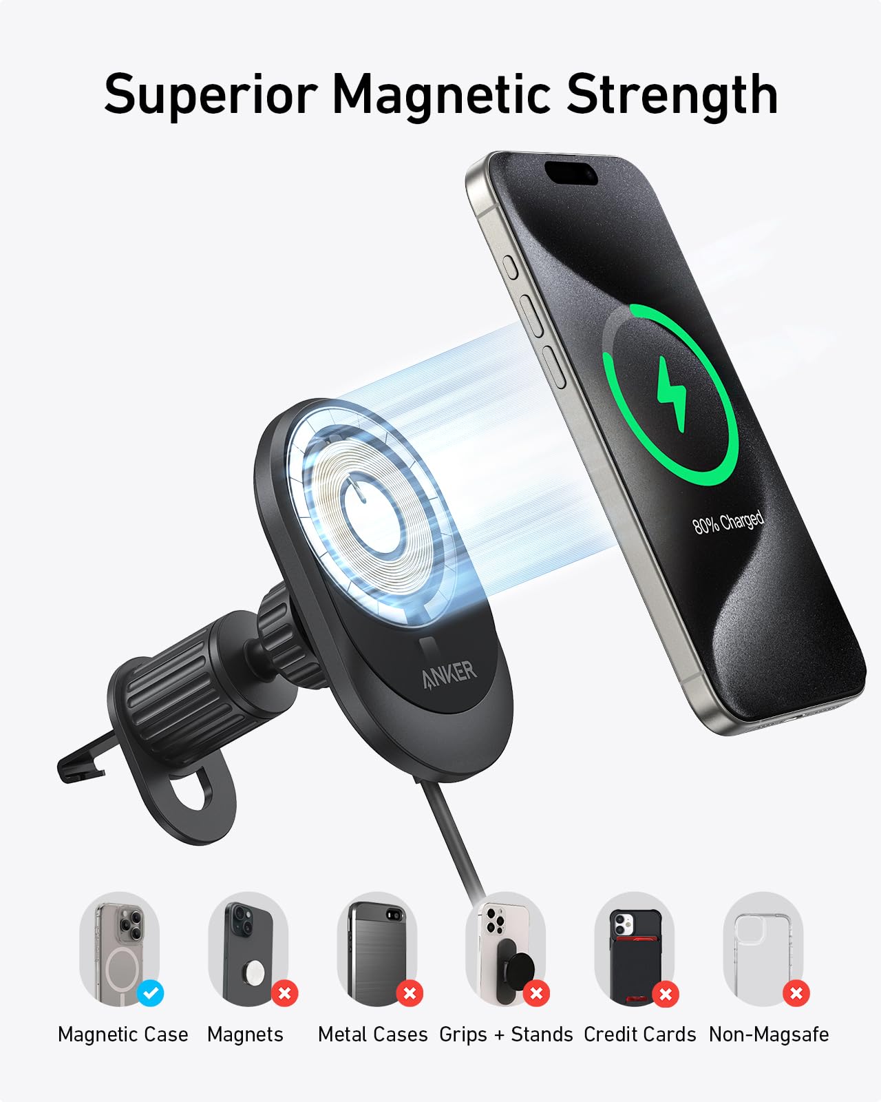 Anker MagGo Wireless Car Charger (Pad, Built-In USB-C Cable) - Image 6