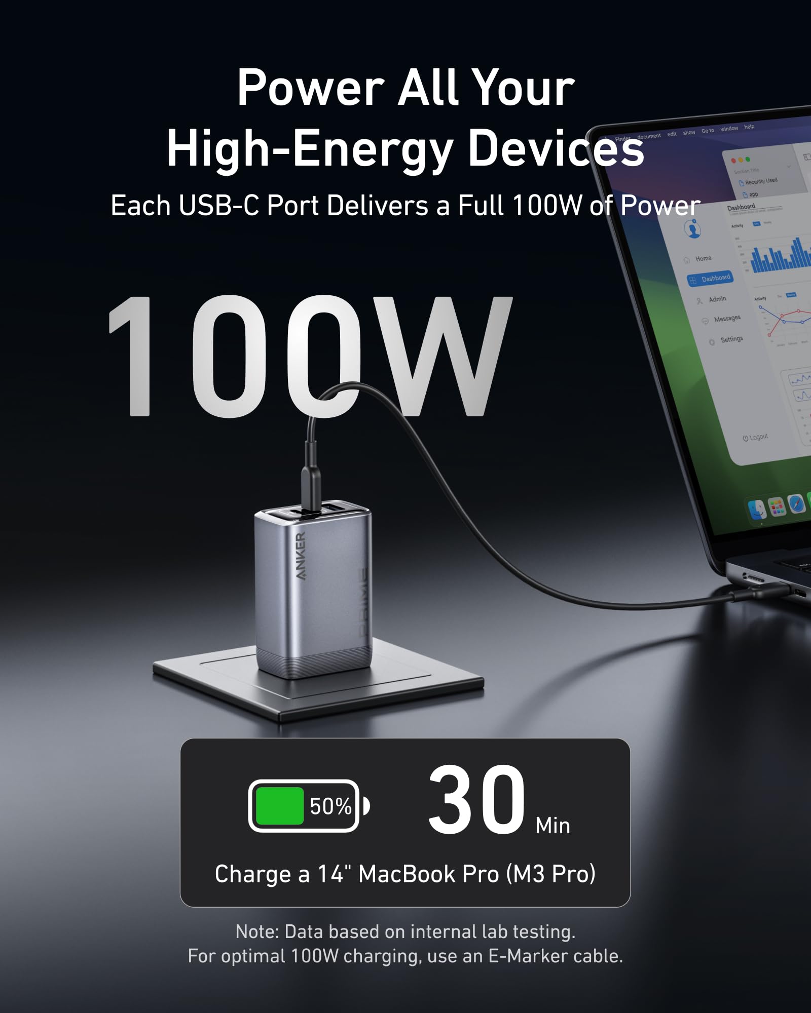 Anker Prime Charger (100W, 3 Ports, GaN) and USB-C to USB-C Cable (240W, 6 ft) - Image 3