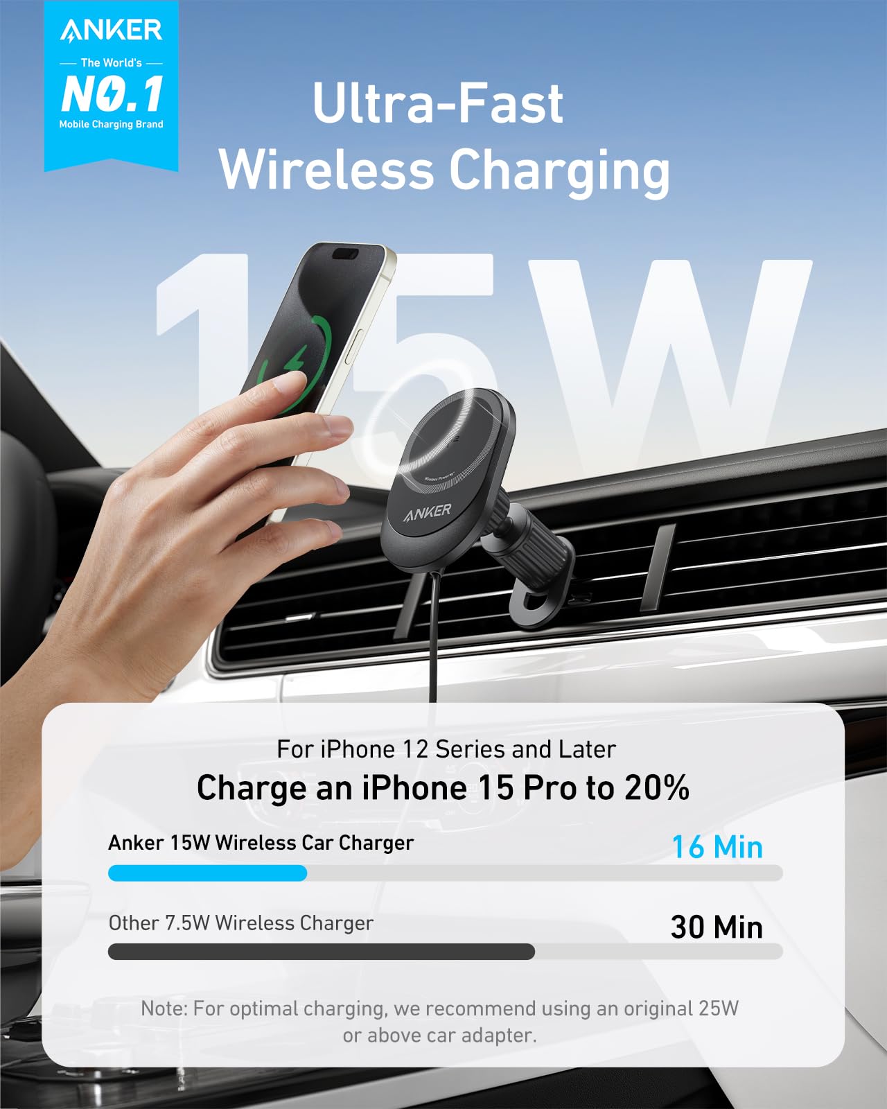 Anker MagGo Wireless Car Charger (Pad, Built-In USB-C Cable) - Image 2