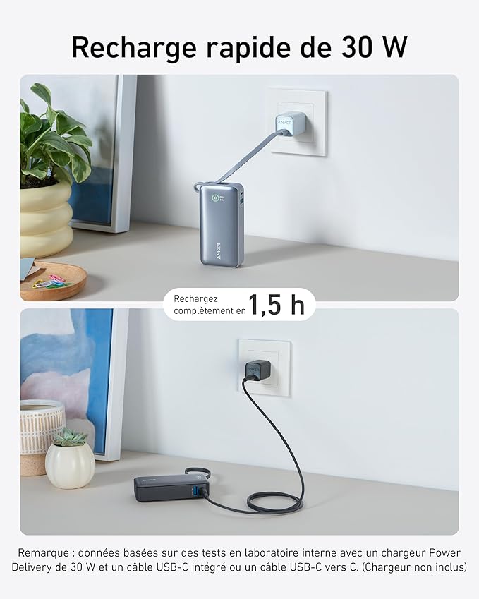 Anker Chargeur (140 W, 4 ports, PD 3.1) avec cable USB-C + Nano PowerBank (30 W, cable USB-C int??gr??) - Image 12