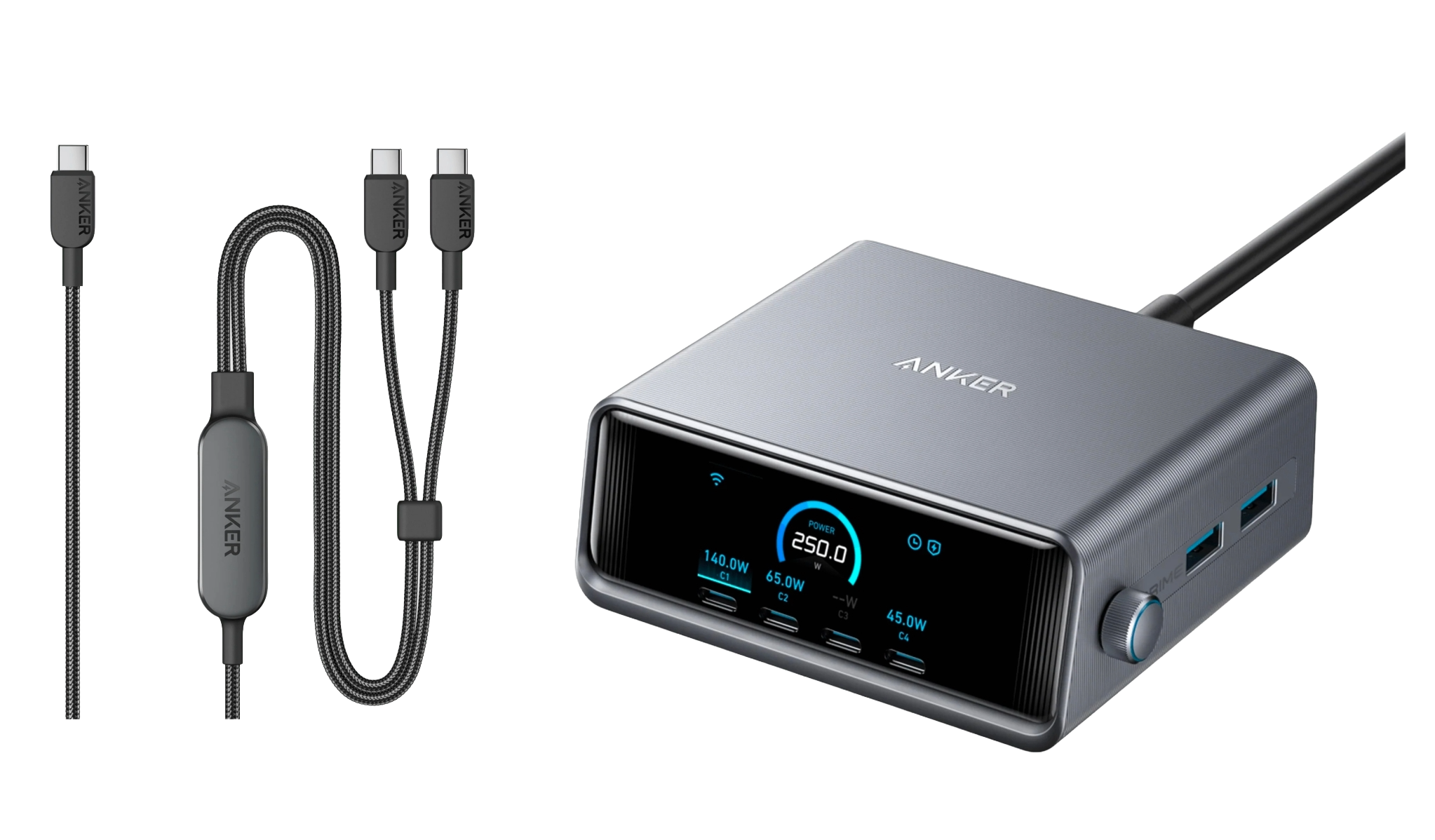 Anker Prime Ladeger?t (250W, 6 Ports, GaNPrime) + 2-in-1 USB-C auf USB-C Kabel (120cm, 140W, Flecht-Design)