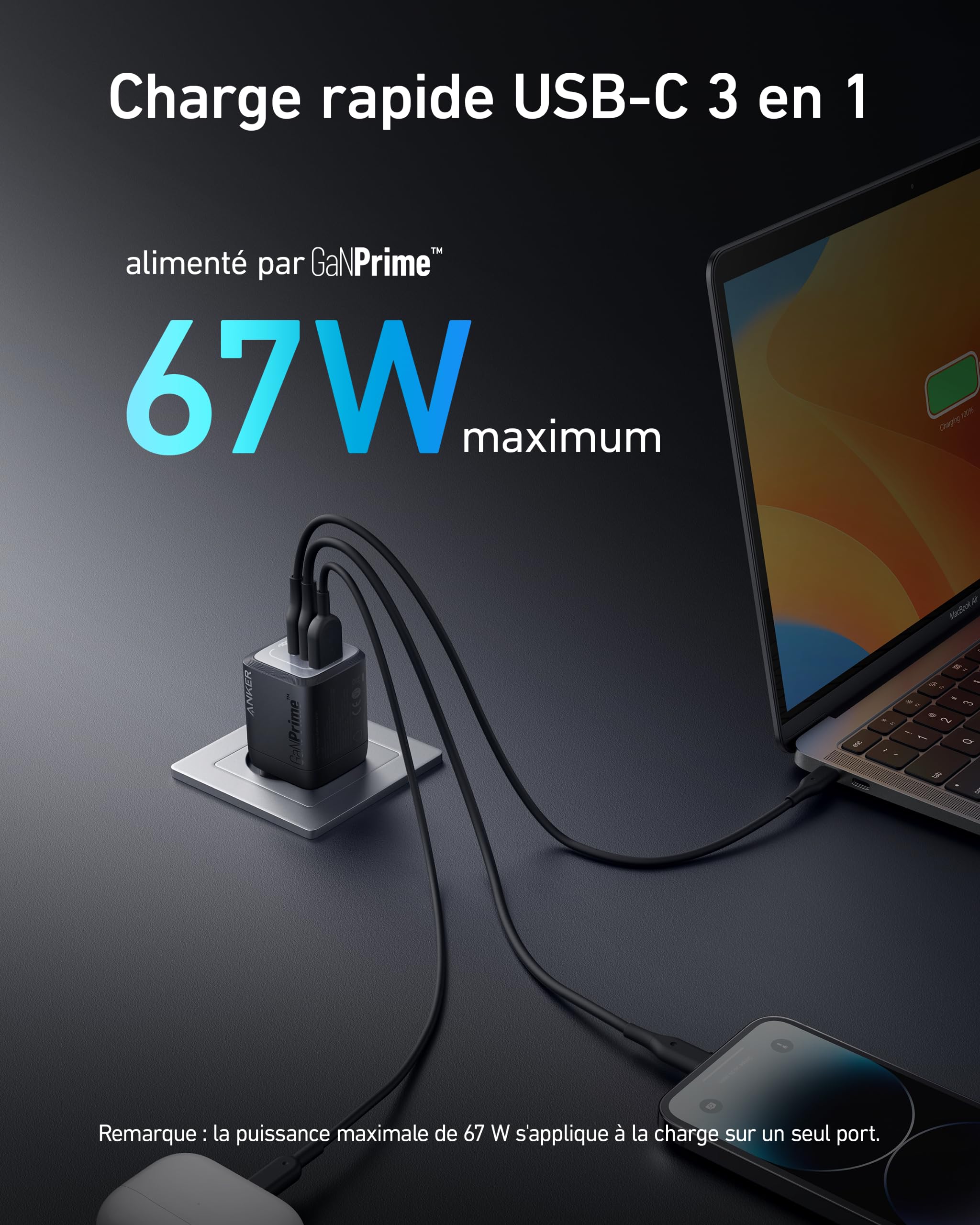 Anker chargeur rapide (3 ports) + Cable USB-C (240 W) - Image 3