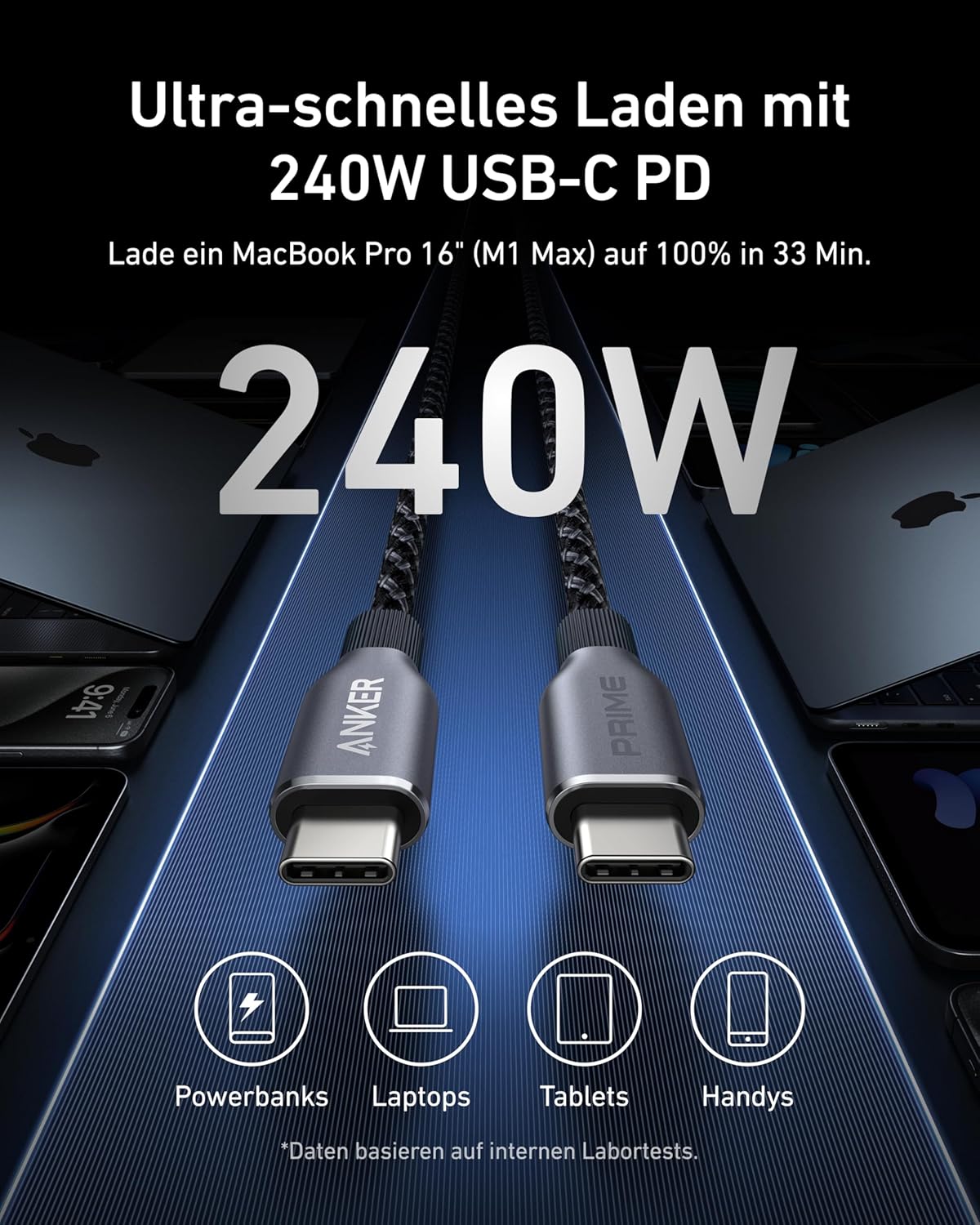 Anker Prime Ladeger?t (160W, 3 Ports, GaNPrime) + Prime USB-C auf USB-C Kabel (0,9m, 240W, Upcycled-Flechtdesign) - Image 9