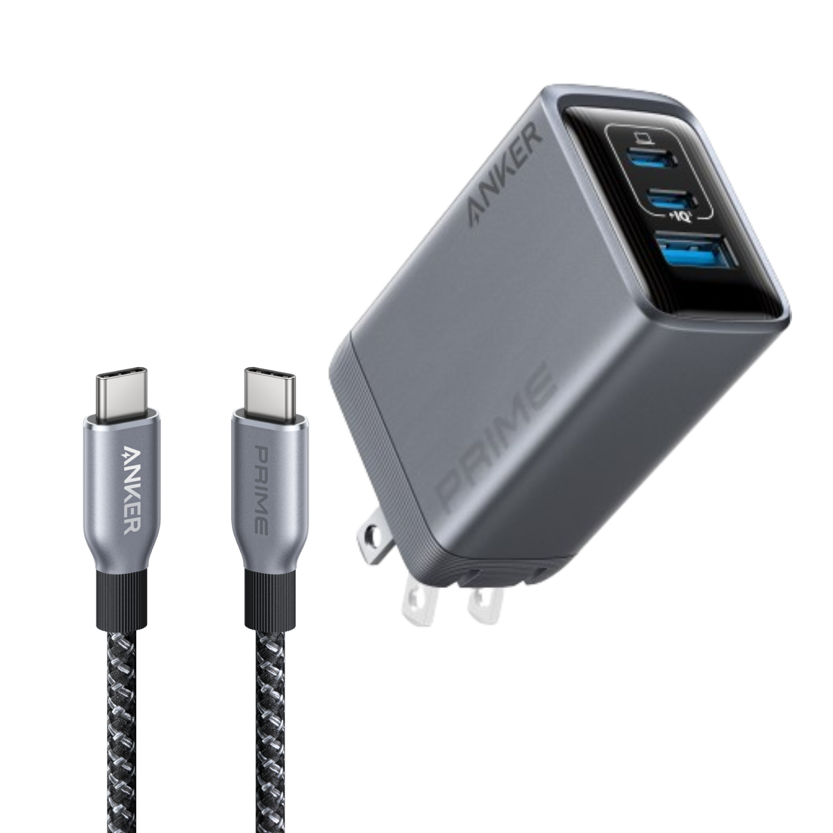 Anker Prime Charger (100W, 3 Ports, GaN) and Prime USB-C to USB-C Cable (240W, Upcycled-Braided)