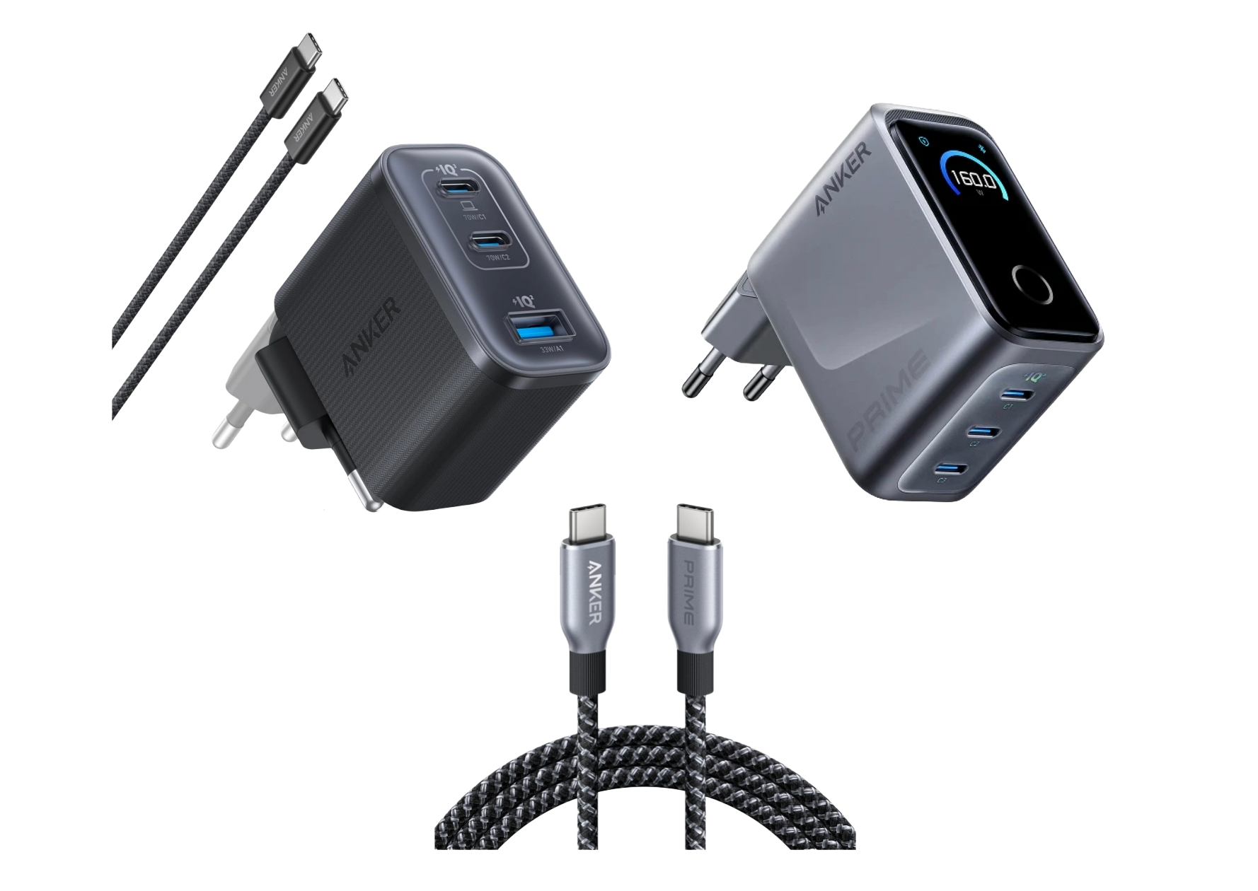 Anker Prime Ladeger?t (160W, 3 Ports, GaNPrime??+ Nano Ladeger?t (70W, 3 Ports) + Prime USB-C auf USB-C Kabel (1.8m, 240W, Upcycled-Flechtdesign)