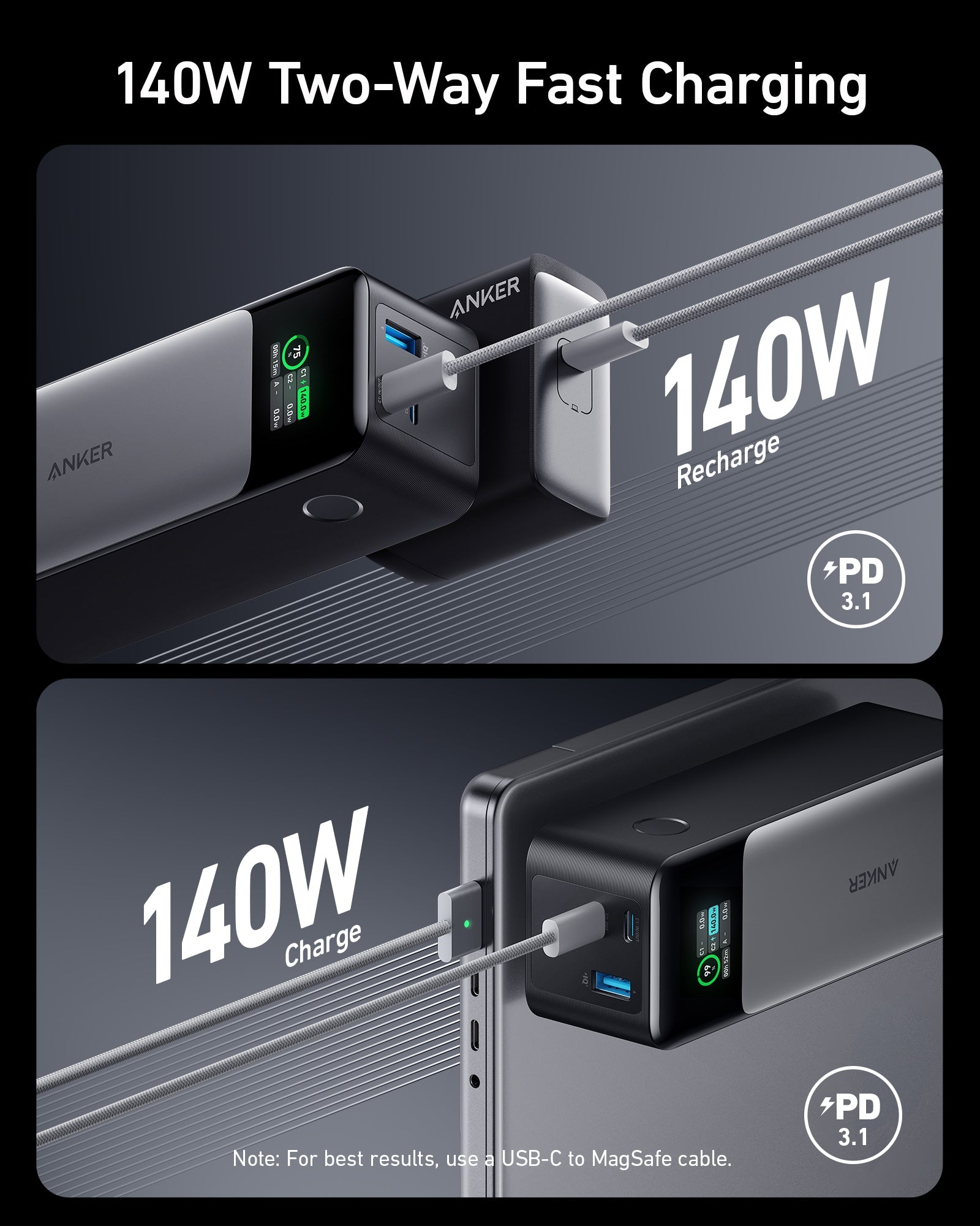 Anker 737 Power Bank (24,000mAh, 140W, 3-Port) and Prime USB-C to USB-C Cable (240W, Upcycled-Braided, 182cm) - Image 2