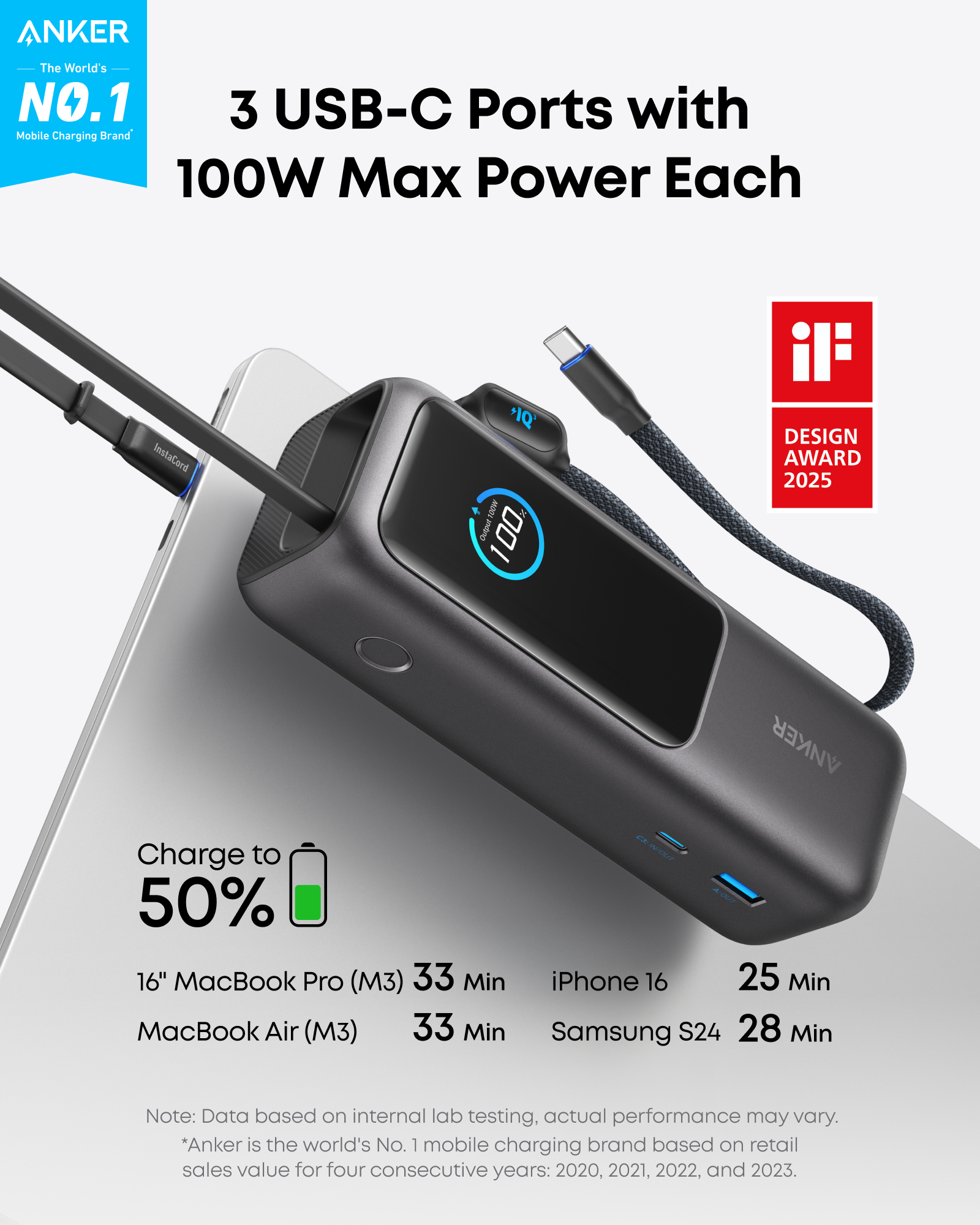Anker Laptop Power Bank (25K, 165W, Built-In and Retractable Cables) and USB-C to USB-C Cable (6 ft, 240W, Upcycled-Braided) - Image 3
