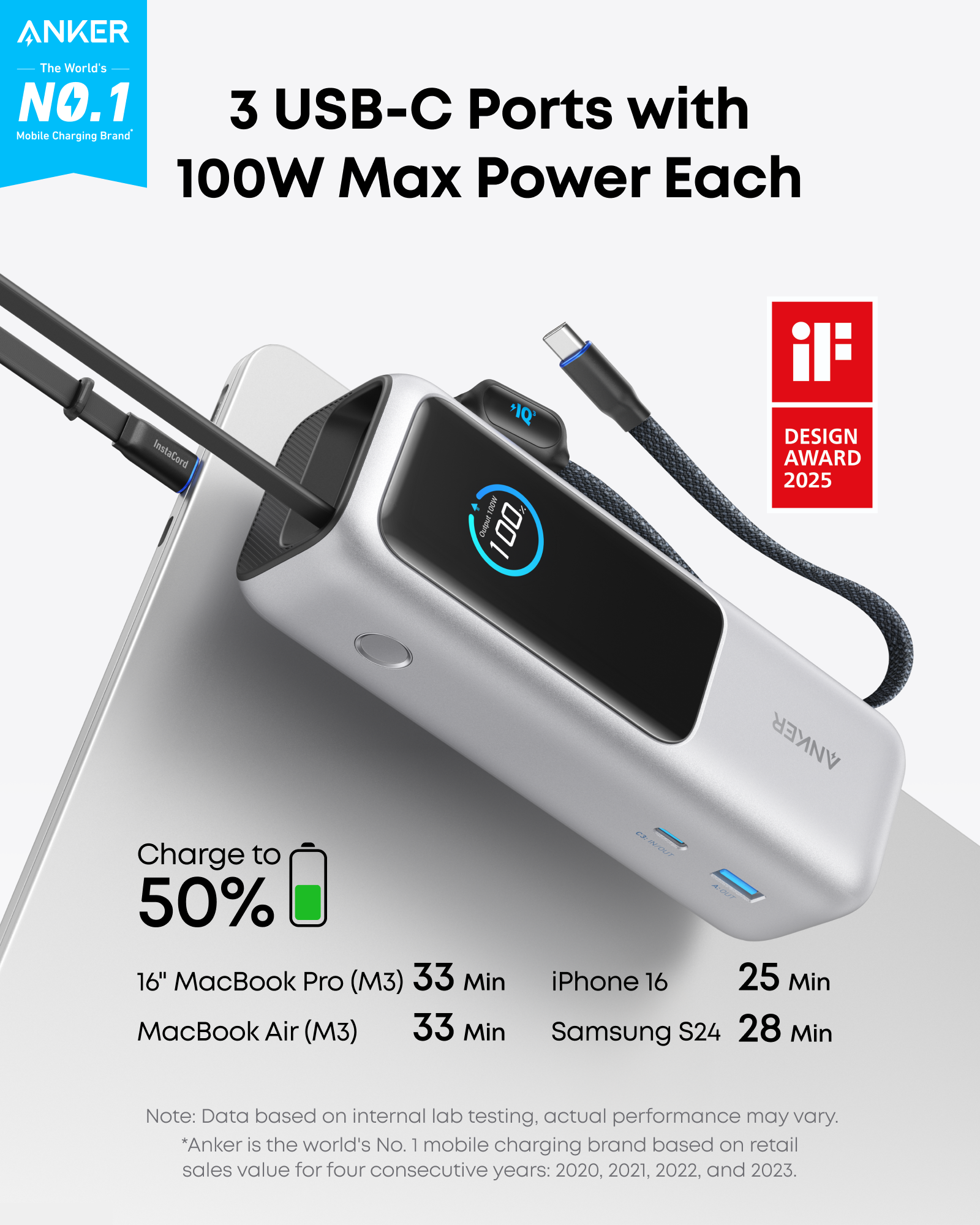 Anker MagGo Wireless Charging Station (3-in-1, Foldable Pad) + Laptop Power Bank (25K, 165W, Built-In and Retractable Cables) - Image 8