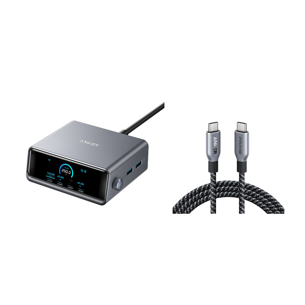 Anker Chargeur Prime (250 W, 6 ports)+Cable USB-C vers USB-C (240 W)