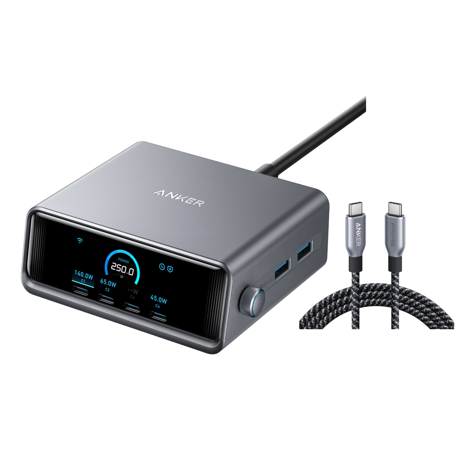 Anker Prime Charger (250W, 6 Ports, GaNPrime) and USB-C to USB-C Cable (240W, Upcycled-Braided)