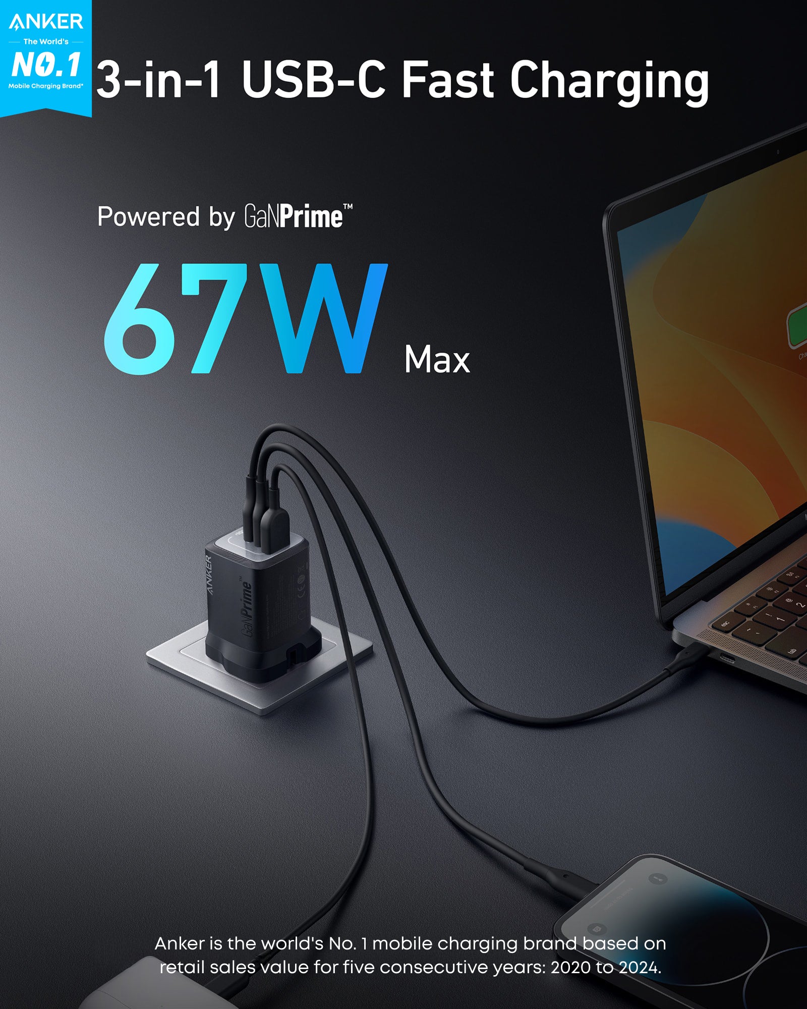Anker Prime 67W GaN Wall Charger (3 Ports) - Image 2