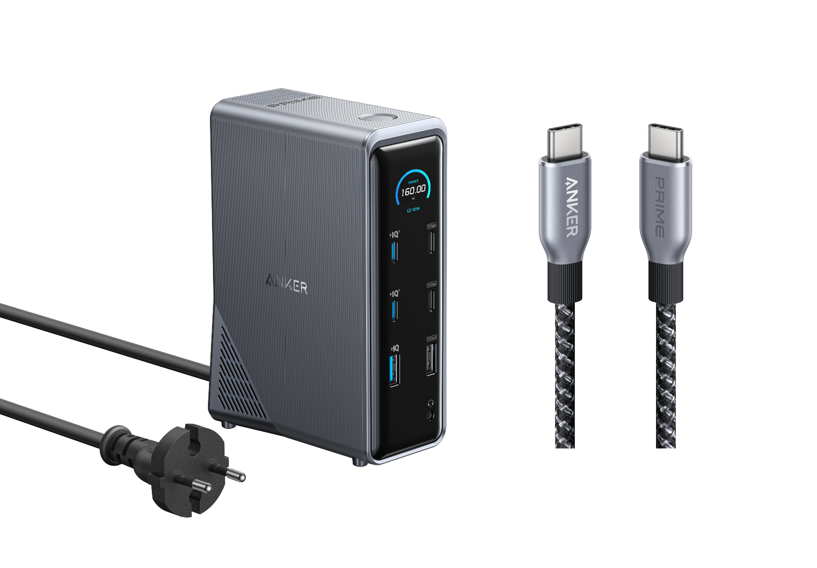 Anker Prime Ladedock (14-in-1, Duales Display, 160W) + Prime USB-C auf USB-C Kabel (0,9m, 240W, Upcycled-Flechtdesign)