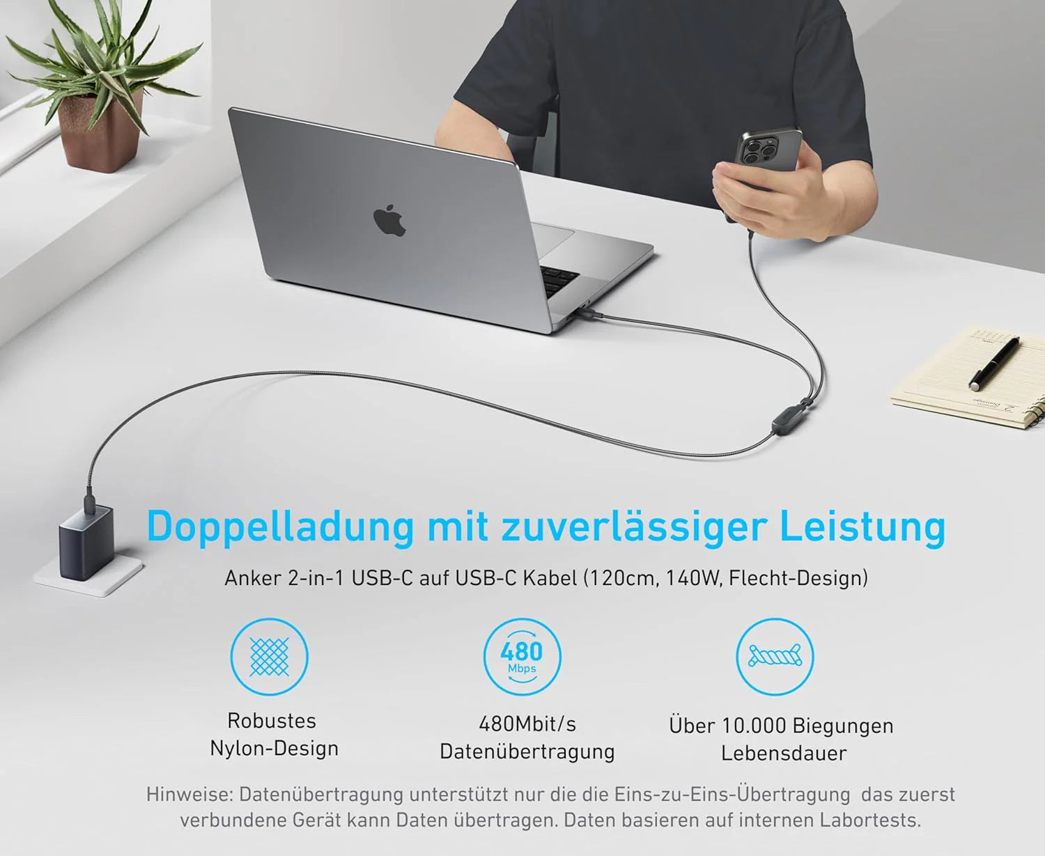 Anker Prime Ladeger?t (250W, 6 Ports, GaNPrime) + 2-in-1 USB-C auf USB-C Kabel (120cm, 140W, Flecht-Design) - Image 13