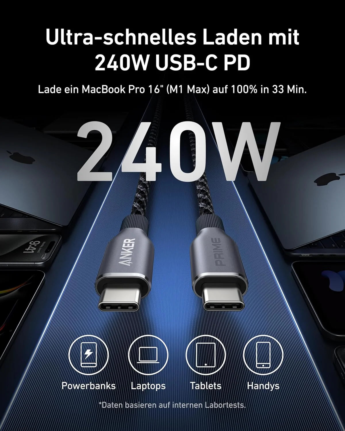 Anker Prime Ladeger?t (160W, 3 Ports, GaNPrime??+ Nano Ladeger?t (70W, 3 Ports) + Prime USB-C auf USB-C Kabel (1.8m, 240W, Upcycled-Flechtdesign) - Image 14