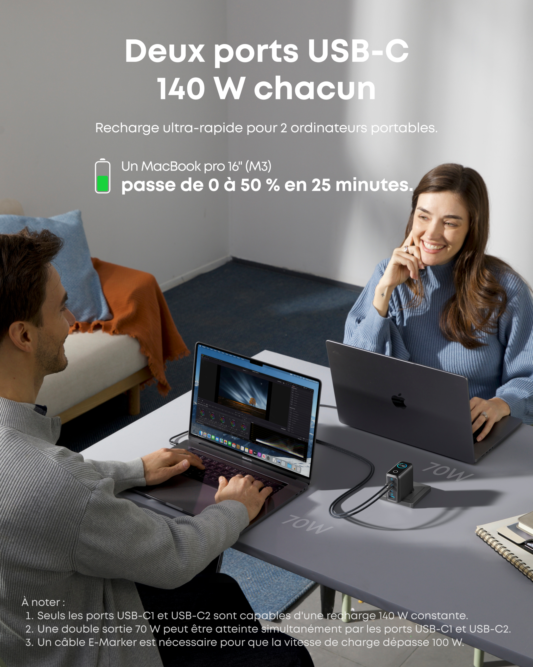 Anker Chargeur (140 W, 4 ports, PD 3.1) avec cable USB-C + Nano PowerBank (30 W, cable USB-C int??gr??) - Image 5