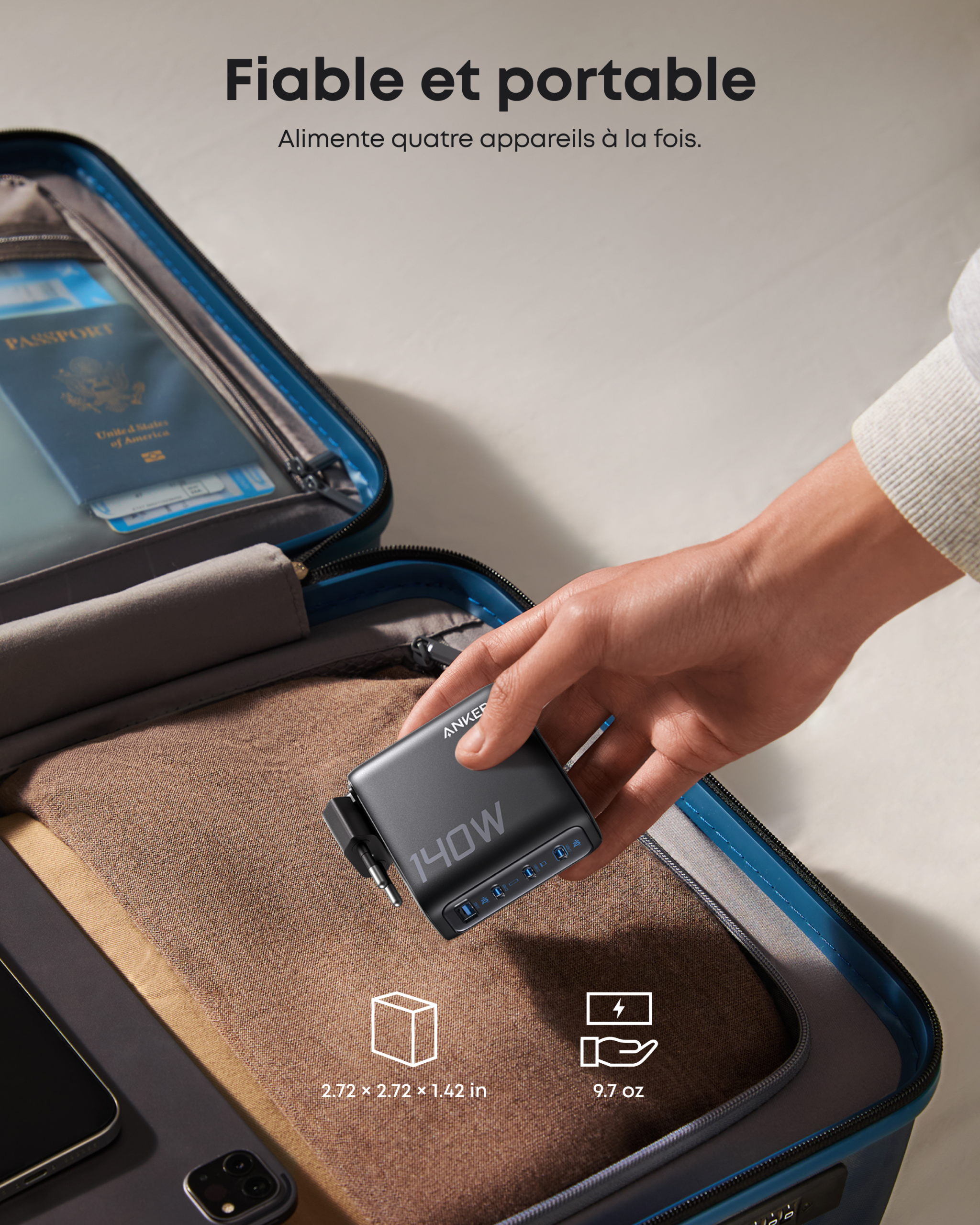 Anker Chargeur (140 W, 4 ports, PD 3.1) avec cable USB-C + Nano PowerBank (30 W, cable USB-C int??gr??) - Image 4