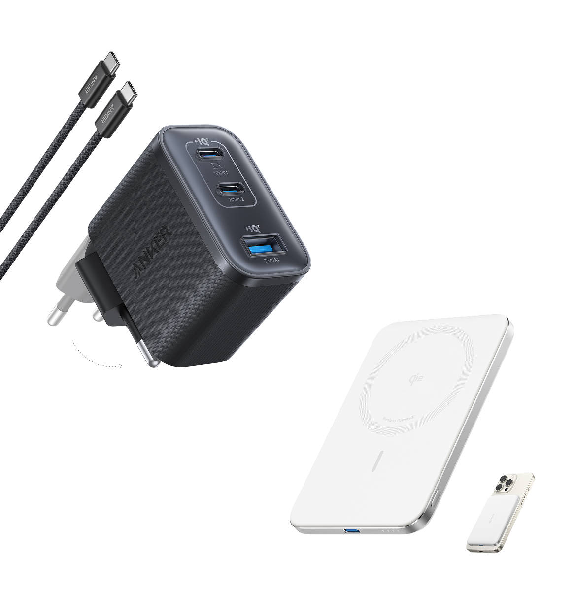 Anker Nano Power Bank (5K, MagGo, Slim) and Nano Charger (70W, 3 Ports)