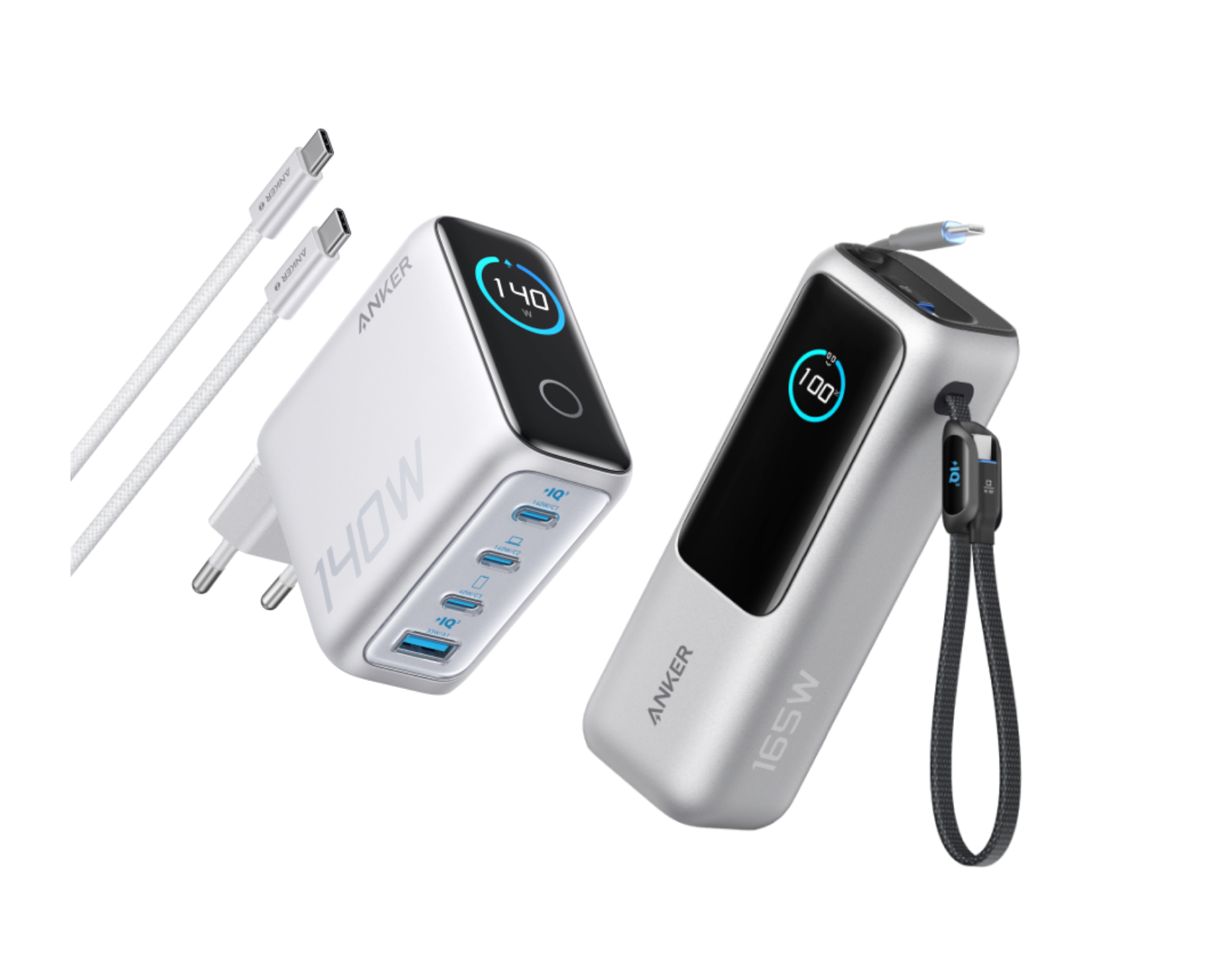 Anker Powerbank (25K, 165W, Integriertes + einziehbares Kabel) + Ladeger?t (140W, 4-Port, PD 3.1) mit USB-C Kabel