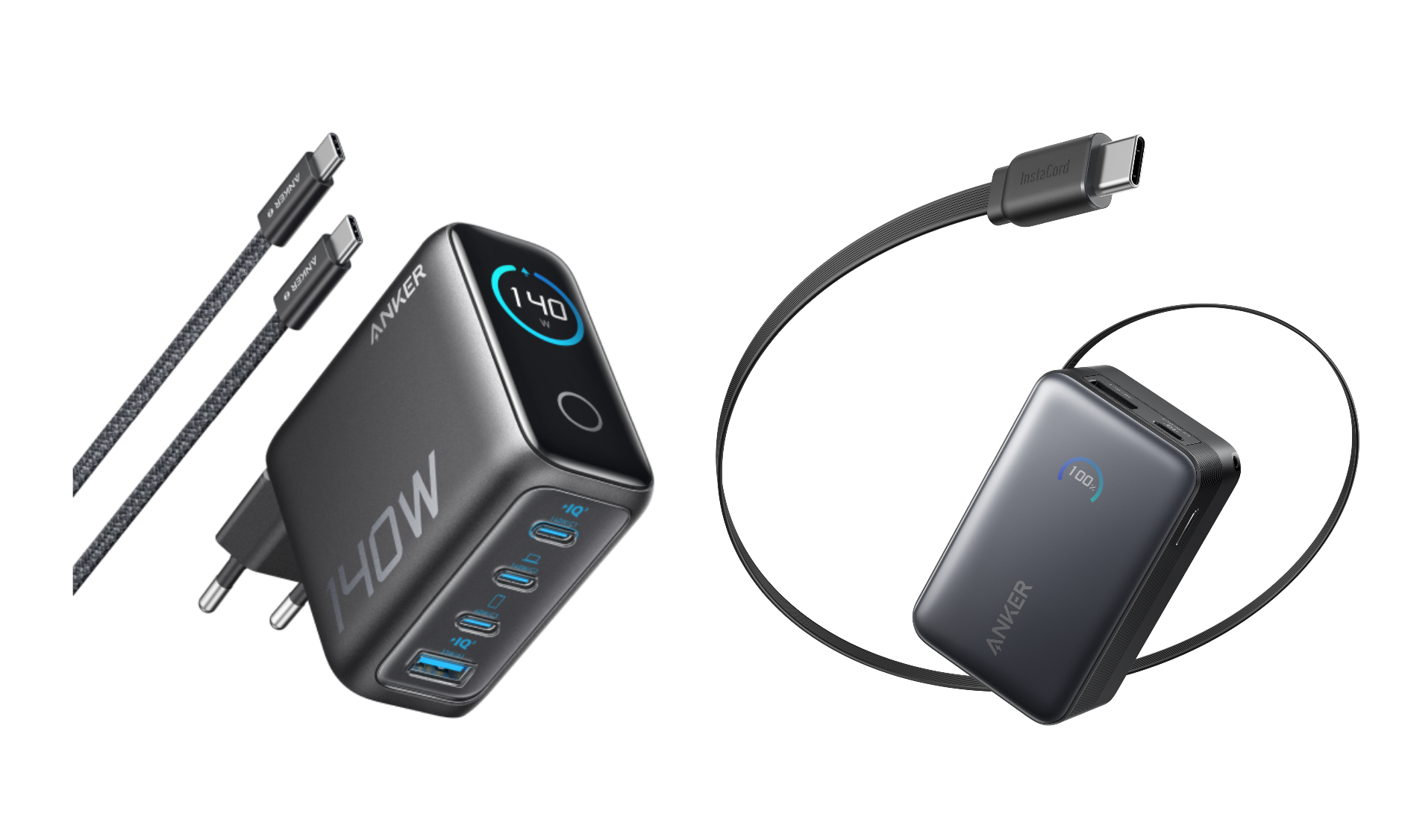 Anker Ladeger?t (140W, 4-Port, PD 3.1) mit USB-C Kabel + Nano Powerbank (10K, 45W, Integriertes einziehbares USB-C Kabel)