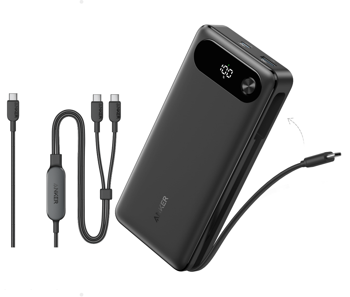 Anker Powerbank (20K, 87W, Integriertes USB-C Kabel) + 2-in-1 USB-C auf USB-C Kabel (120cm, 140W, Flecht-Design)