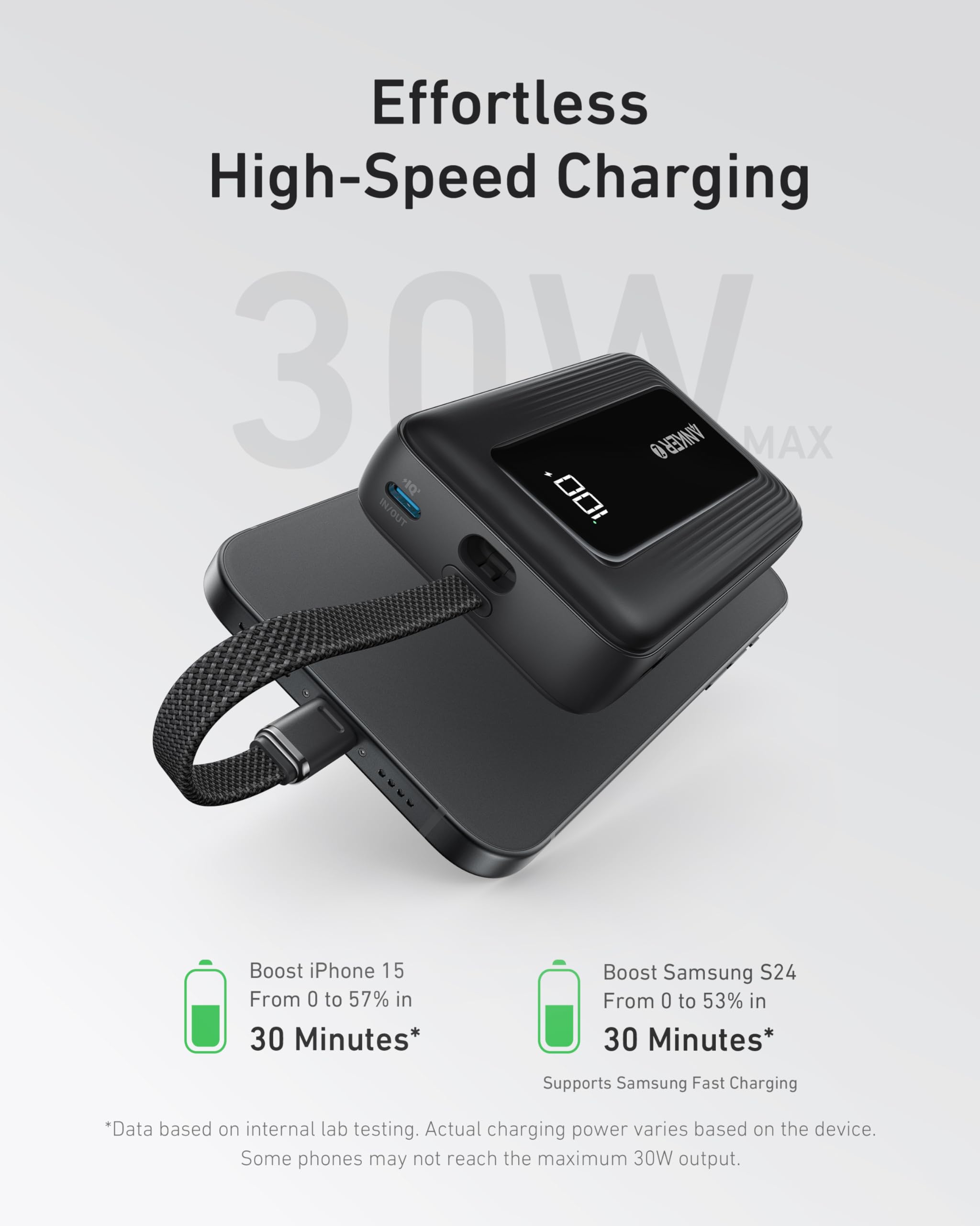 Anker Zolo Power Bank (10K, 30W) with a 5.4-inch (13.7 cm) built-in USB-C cable. - Image 2