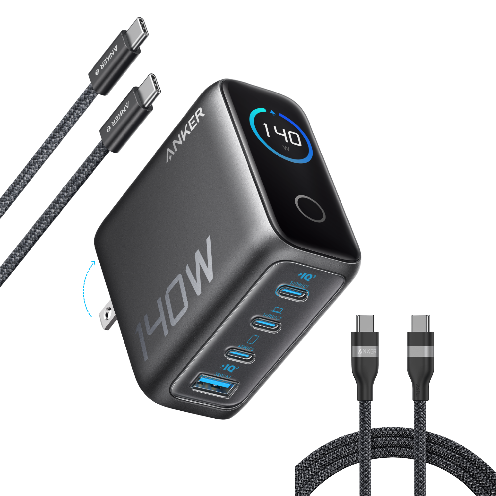 Anker Workspace Power Set | Charger (140W, 4-Port, PD 3.1) with 2-Pack USB-C Cable