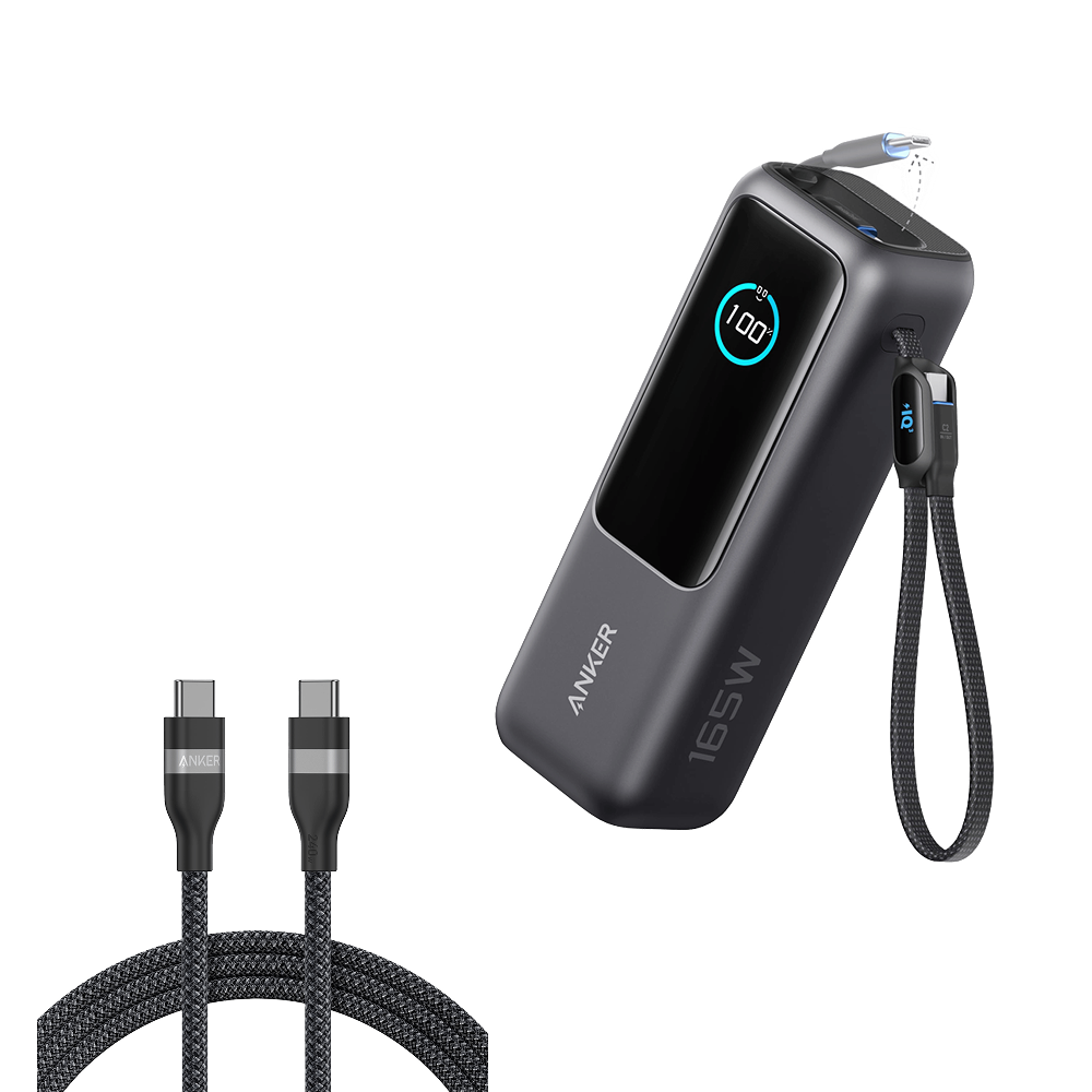 Anker Laptop Power Bank (25K, 165W, Built-In and Retractable Cables) and USB-C to USB-C Cable (6 ft, 240W, Upcycled-Braided)