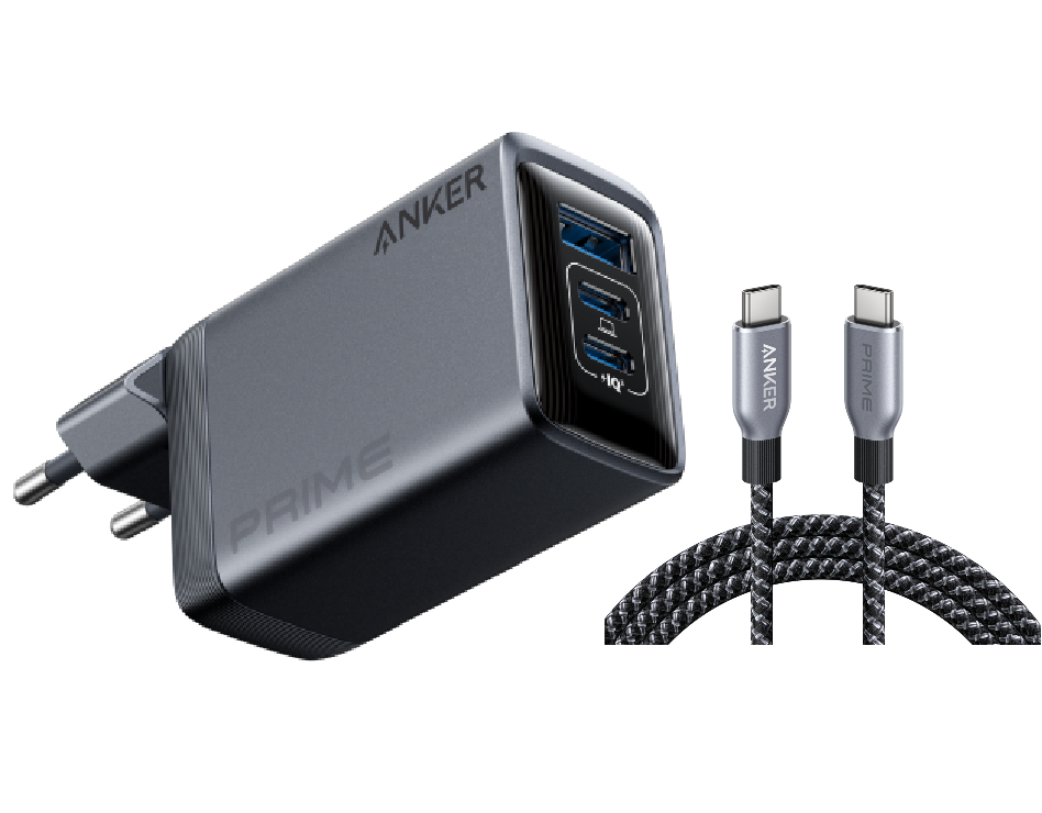 Anker Prime Ladeger?t (100W, 3 Ports, GaN) + Prime USB-C auf USB-C Kabel (240W, Upcycled-Flechtdesign)