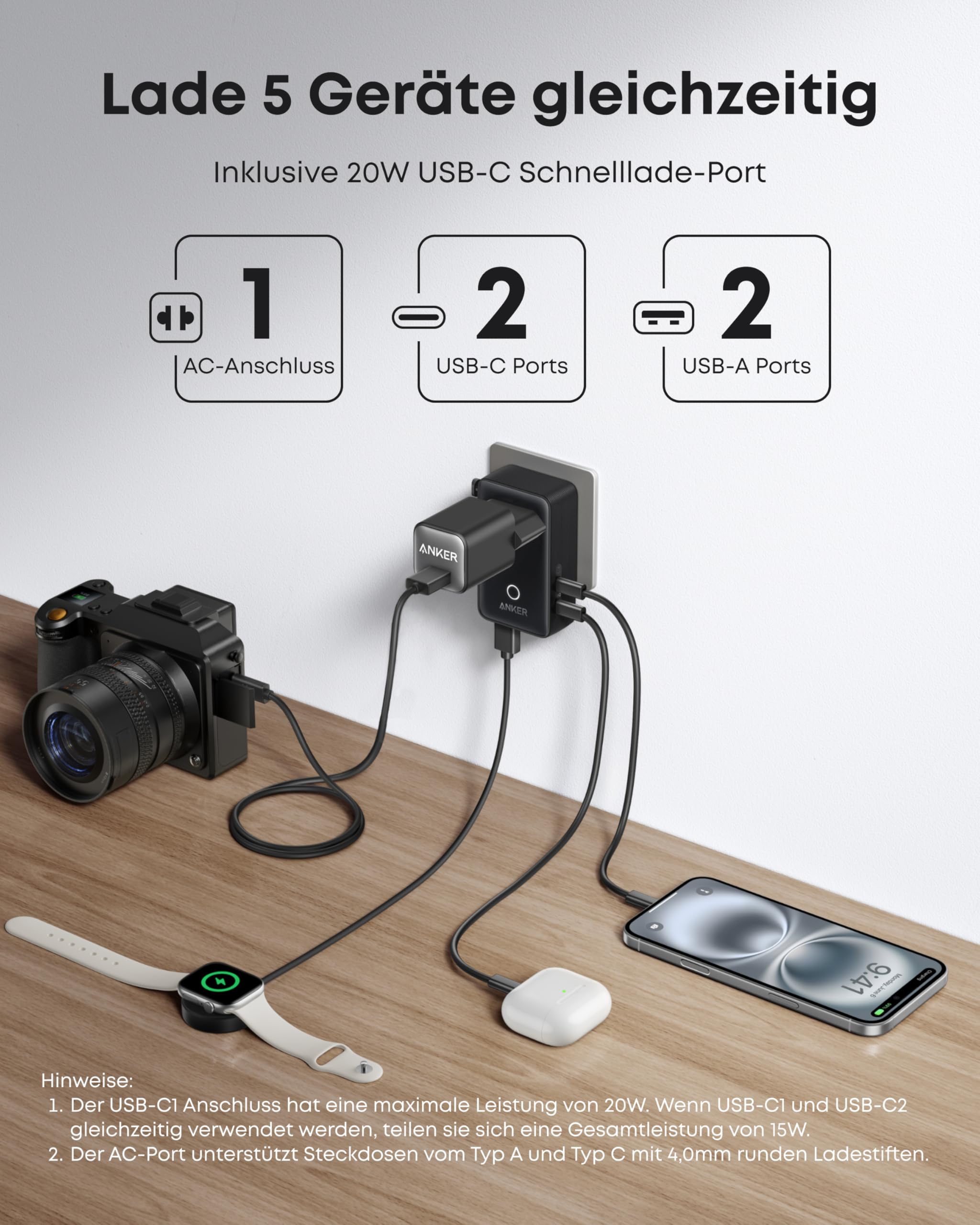 Anker Ladeger?t (140W, 4-Port, PD 3.1) mit USB-C Kabel + Nano Reiseadapter (5-in-1, 20W) - Image 8