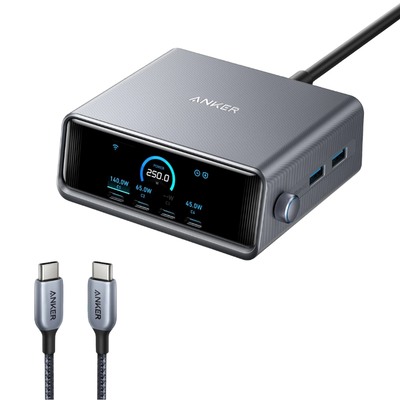Anker Prime Charger (250W, 6 Ports, GaNPrime) and 765 USB-C to USB-C Cable (140W Nylon,91 cm)