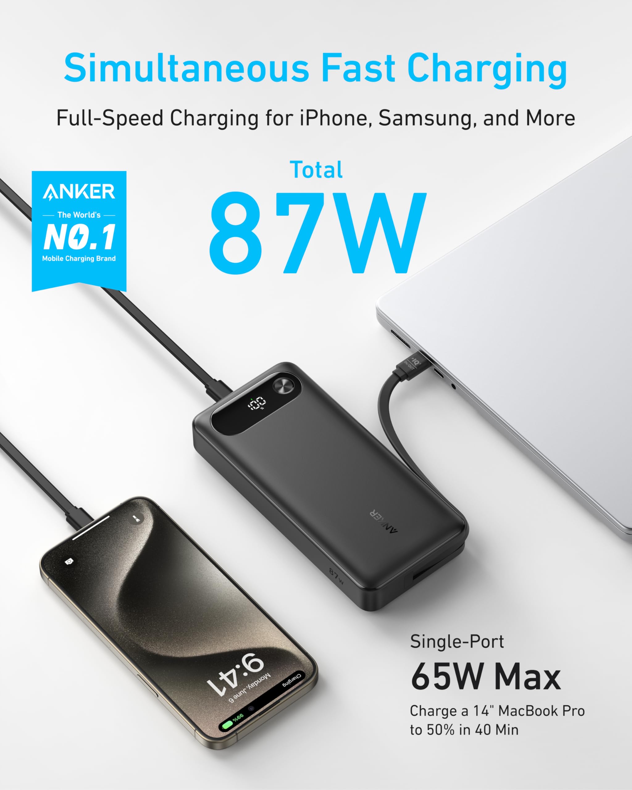 Anker Power Bank (20K, 87W, Built-In USB-C Cable) and USB-C to USB-C Cable - Image 2