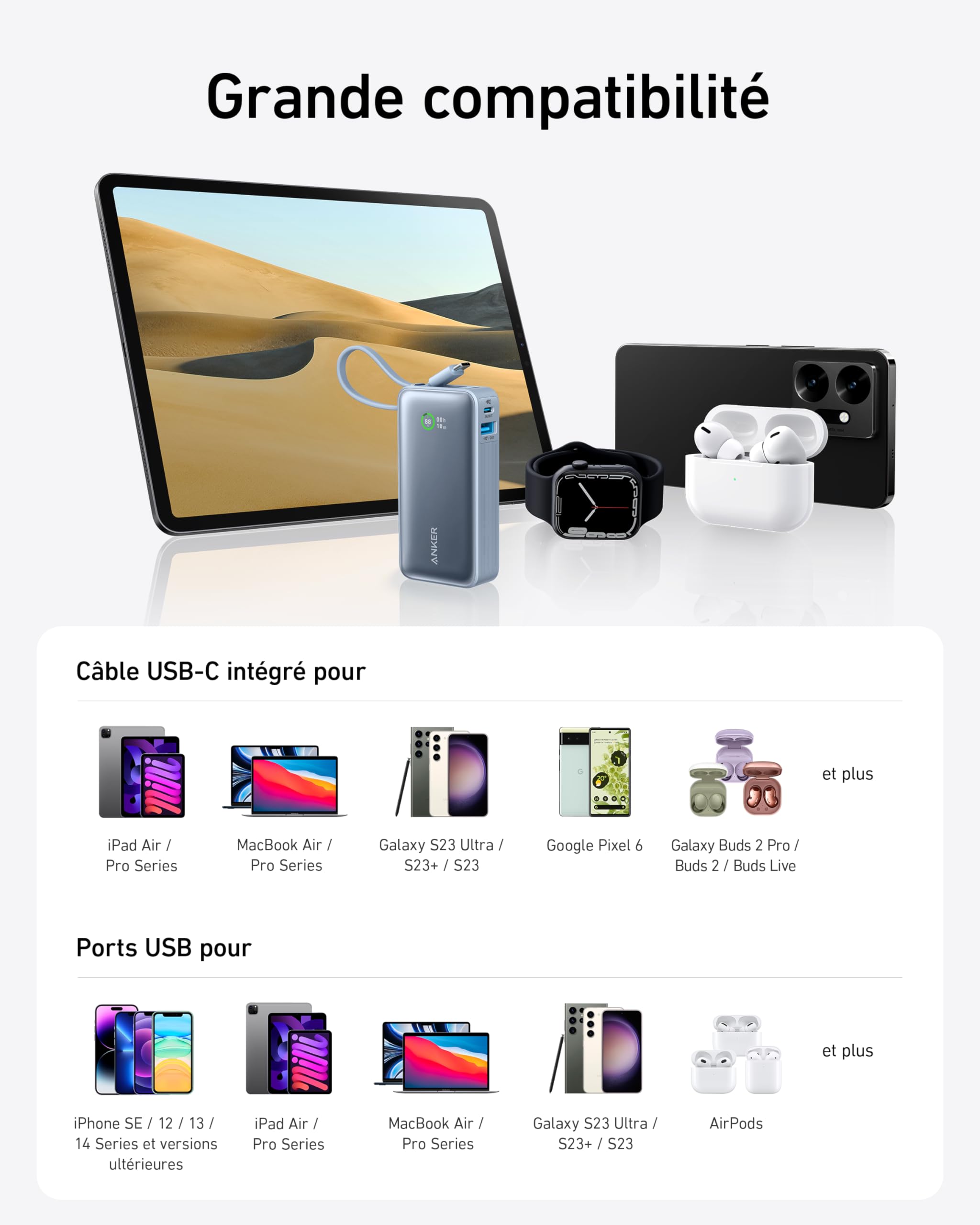 Anker Chargeur (140 W, 4 ports, PD 3.1) avec cable USB-C + Nano PowerBank (30 W, cable USB-C int??gr??) - Image 13