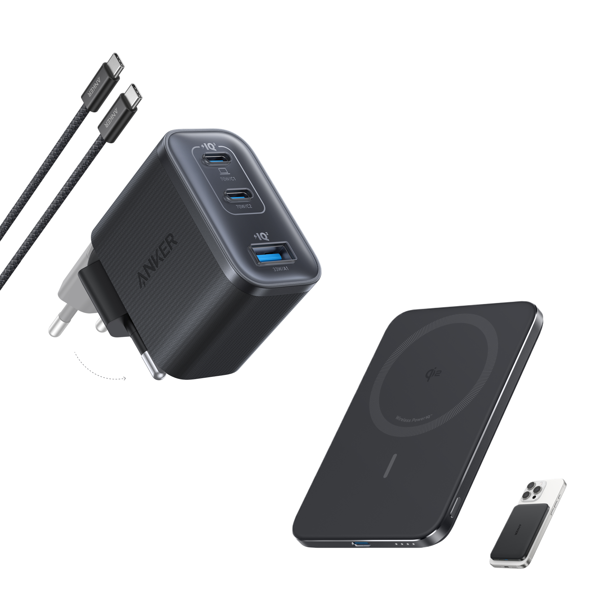 Anker Nano Power Bank (5K, MagGo, Slim) and Nano Charger (70W, 3 Ports)