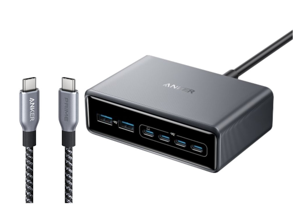 Anker Prime Ladeger?t (200W, 6 Ports, GaN) + Prime USB-C auf USB-C Kabel (240W, Upcycled-Flechtdesign)