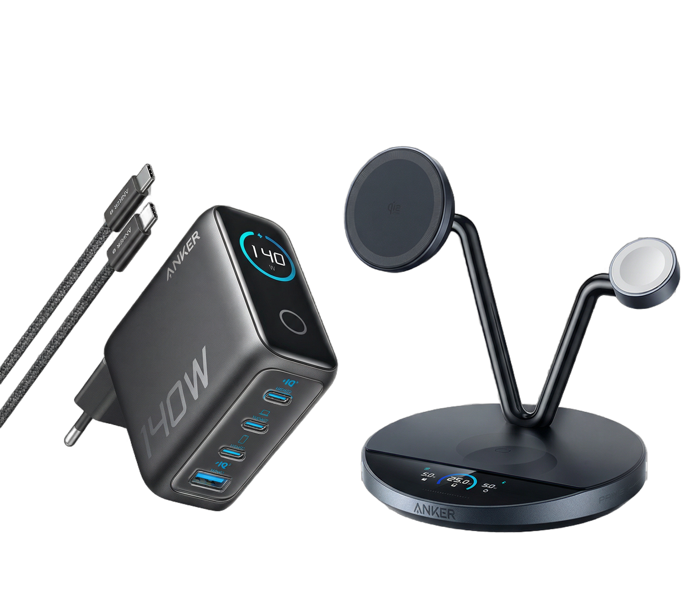 Anker Prime Kabellose Ladestation (3-in-1 St?nder)+ Ladeger?t (140W, 4-Port, PD 3.1) mit USB-C Kabel