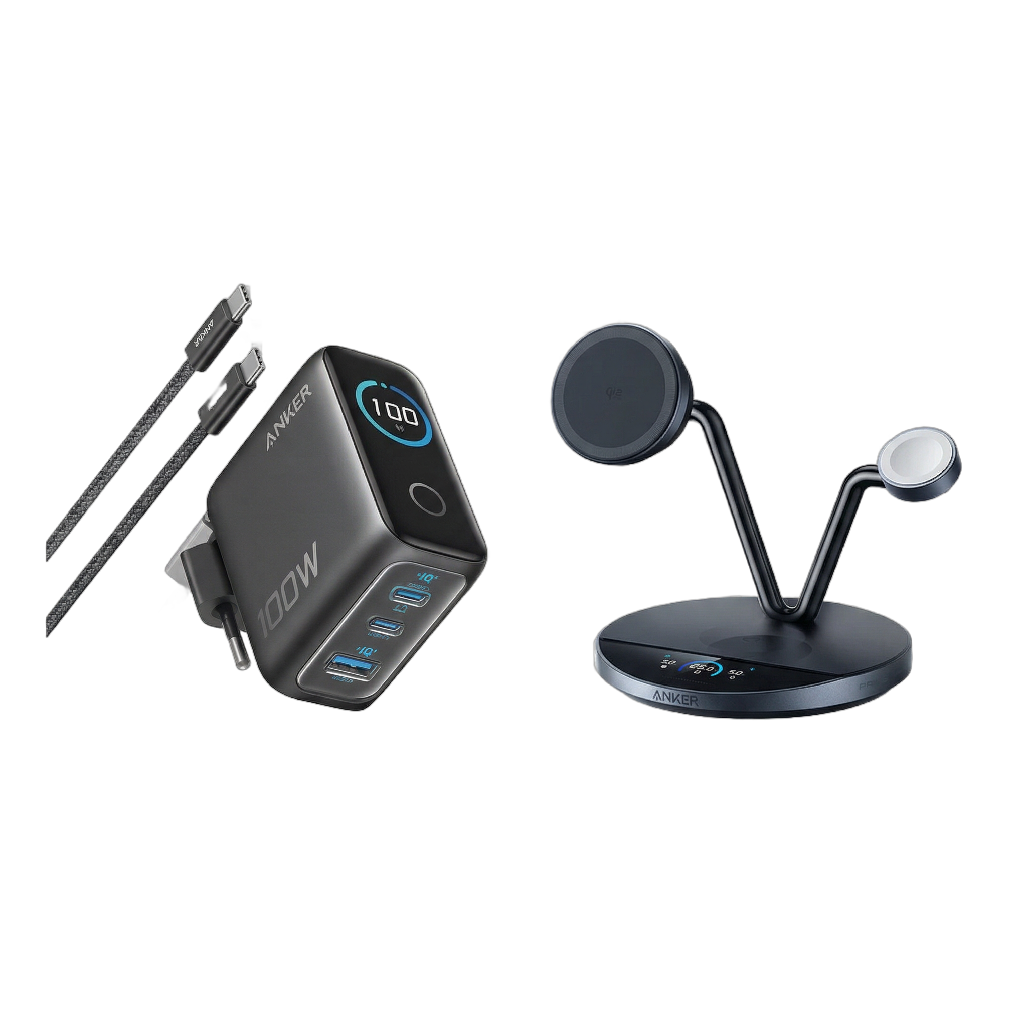 Anker Prime Kabellose Ladestation (3-in-1 St?nder) + Ladeger?t (100W, 3 Ports, Smart Display) mit USB-C Kabel