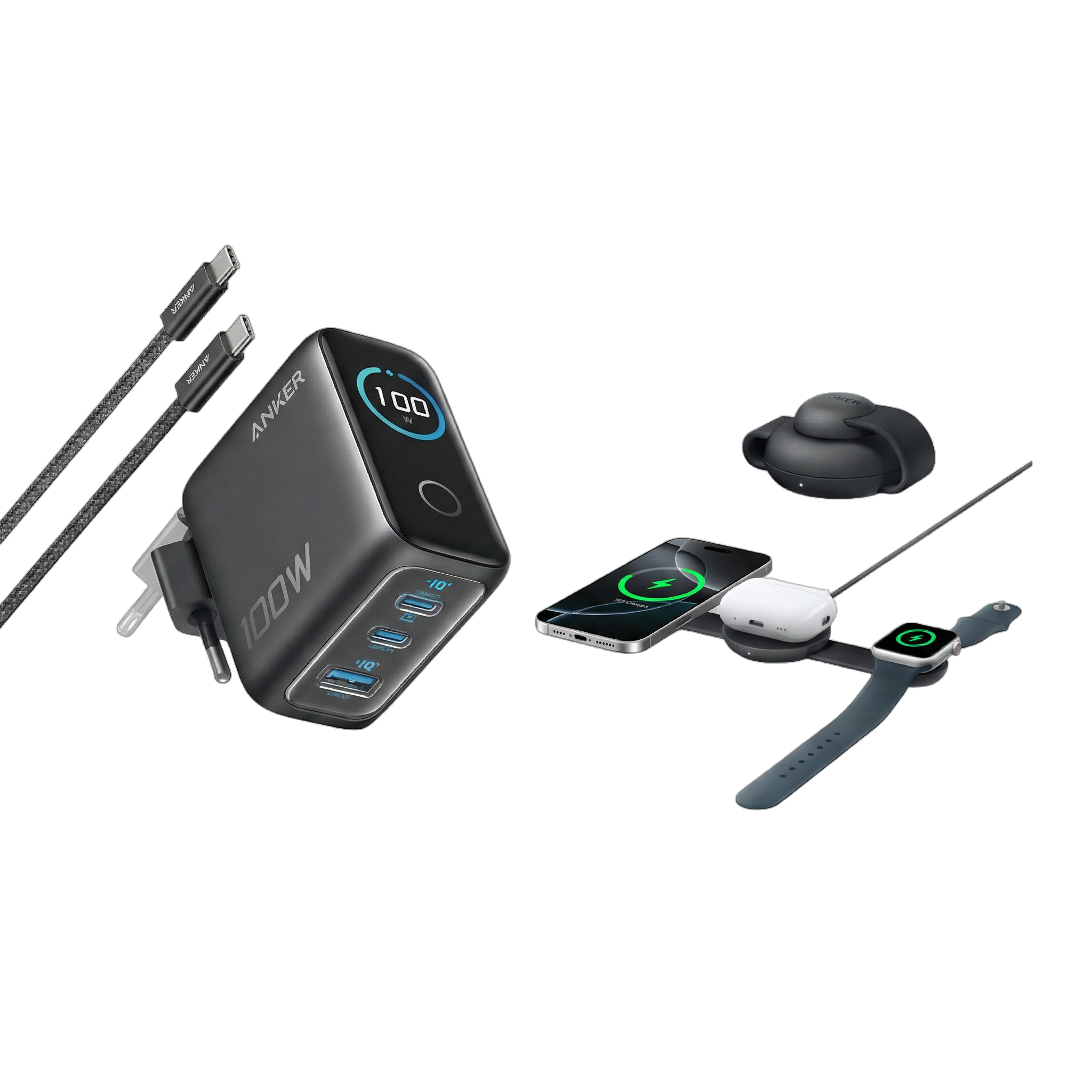 Anker MagGo kabellose Ladestation (3-in-1, Faltbares Ladepad) + Ladeger?t (100W, 3 Ports, Smart Display) mit USB-C Kabel